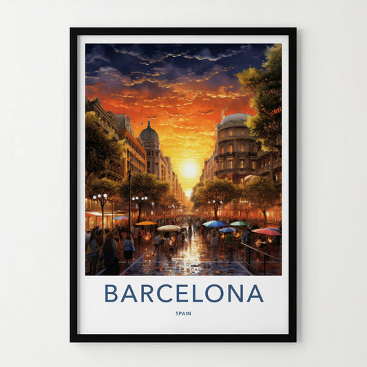 Barcelona Poster - Spain Travel Art - Vibrant City Sunset Home Decor