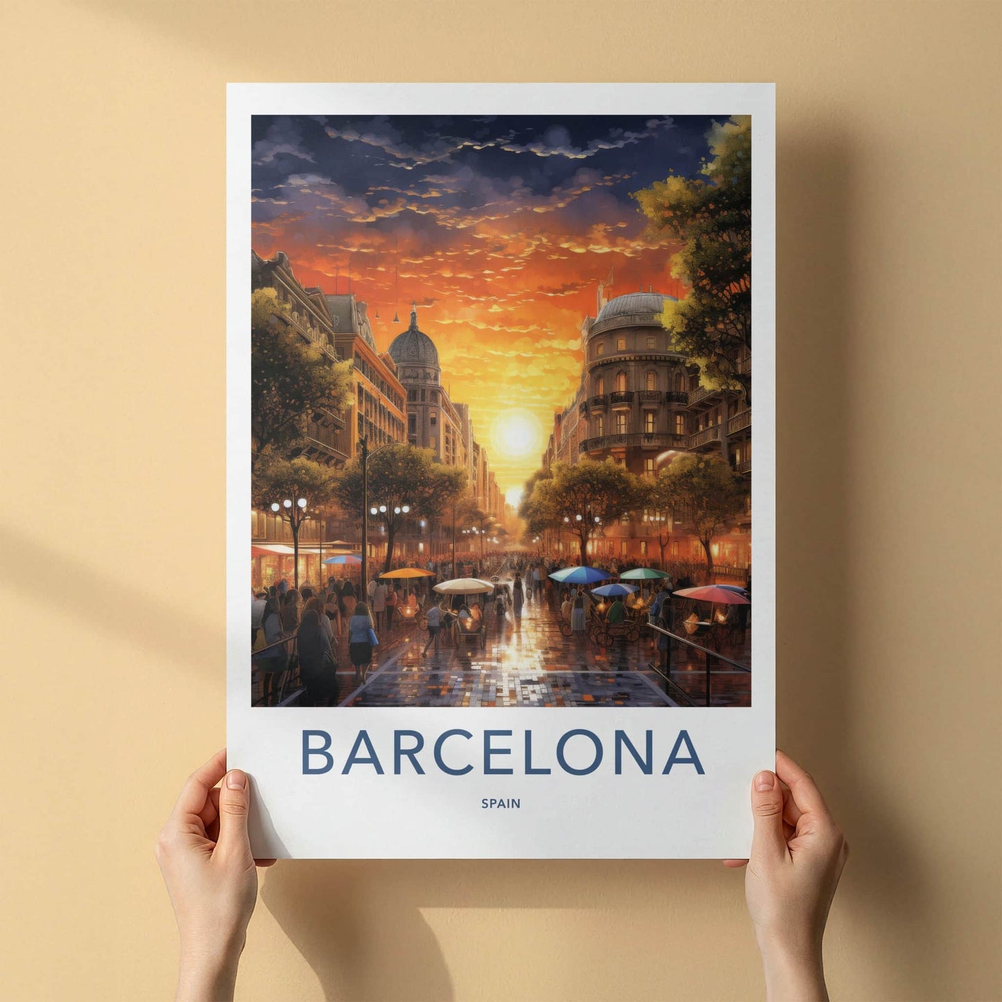 Barcelona Poster - Spain Travel Art - Vibrant City Sunset Home Decor