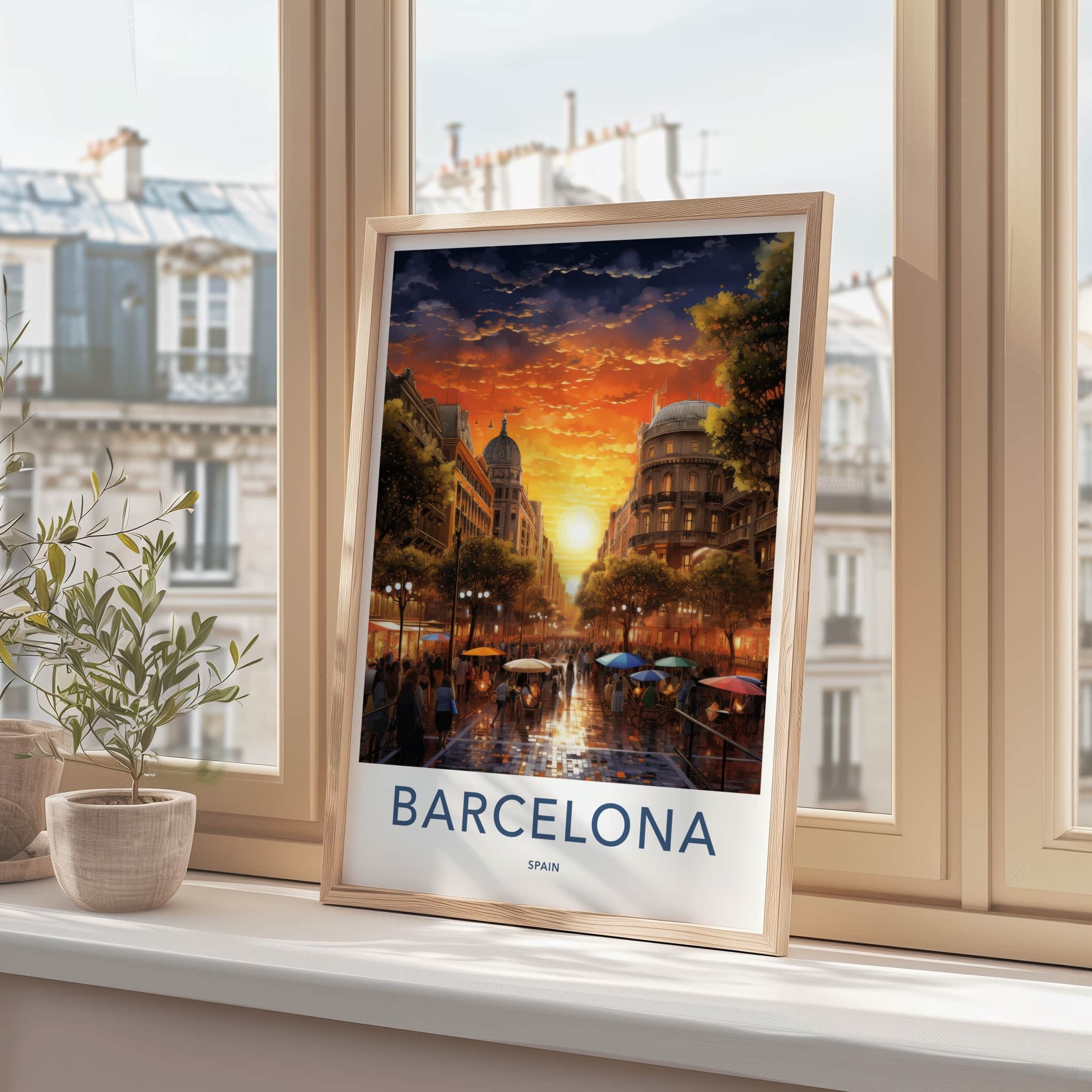 Barcelona Poster - Spain Travel Art - Vibrant City Sunset Home Decor