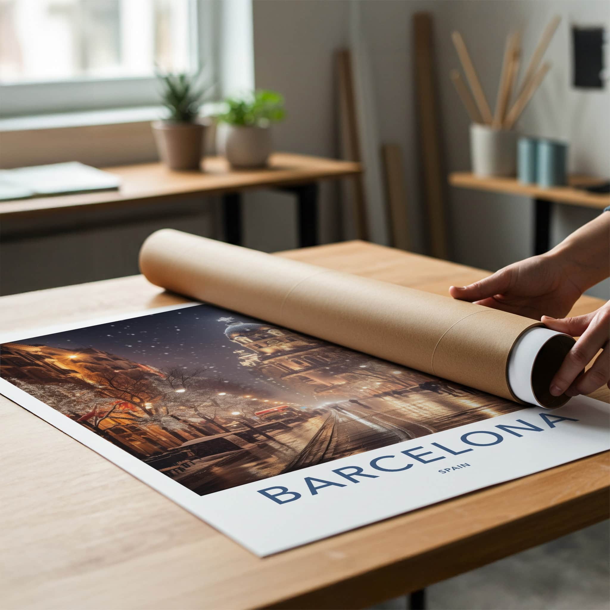Barcelona Poster - Spain Travel Art - Winter City Lights Home Decor