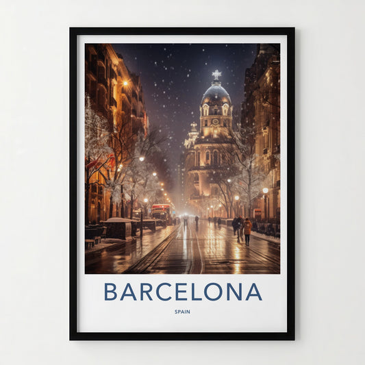 Barcelona Poster - Spain Travel Art - Winter City Lights Home Decor