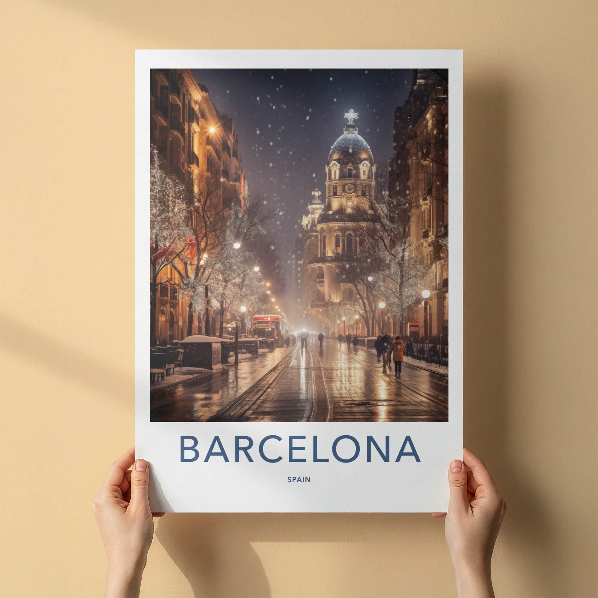 Barcelona Poster - Spain Travel Art - Winter City Lights Home Decor