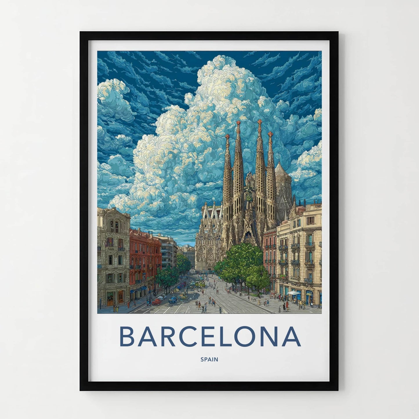 Barcelona Poster - Spain Travel Print - Cloudy Sagrada Familia Wall Decor