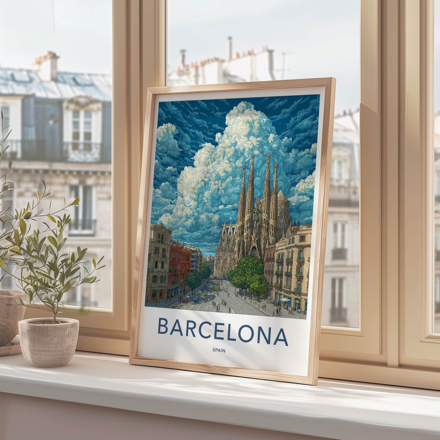 Barcelona Poster - Spain Travel Print - Cloudy Sagrada Familia Wall Decor