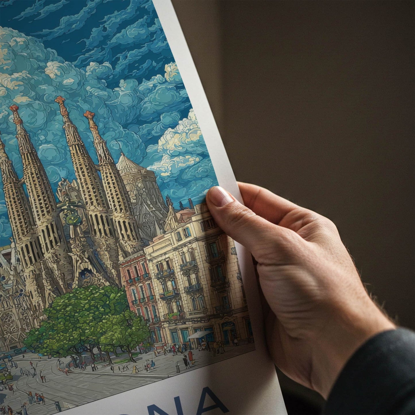 Barcelona Poster - Spain Travel Print - Cloudy Sagrada Familia Wall Decor