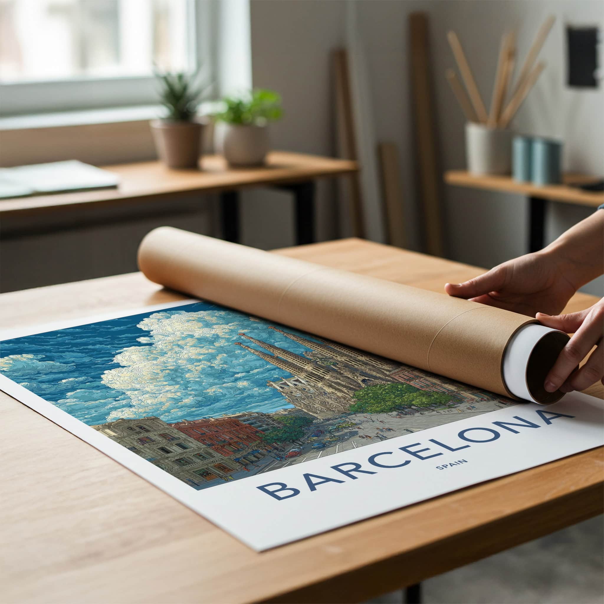 Barcelona Poster - Spain Travel Print - Cloudy Sagrada Familia Wall Decor
