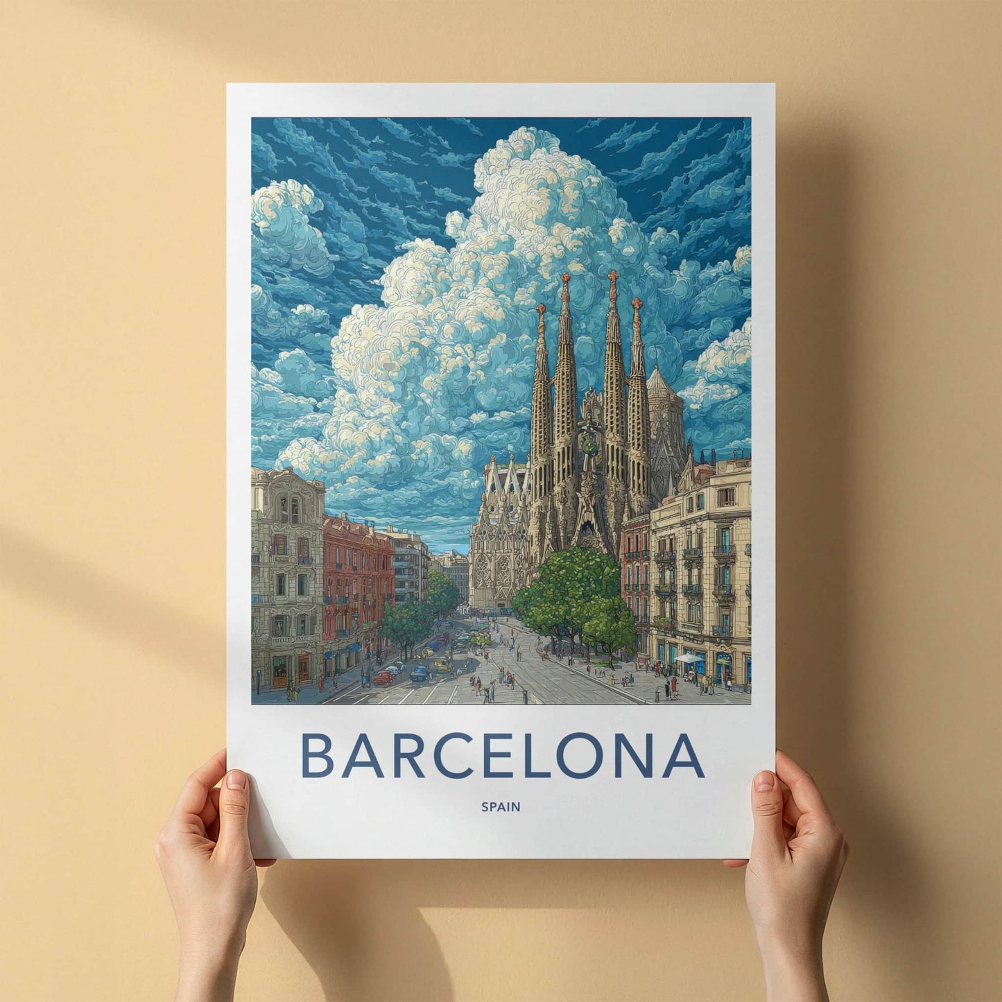 Barcelona Poster - Spain Travel Print - Cloudy Sagrada Familia Wall Decor
