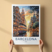Barcelona Poster - Spain Wall Art - Sunset Tram Reflections Home Decor