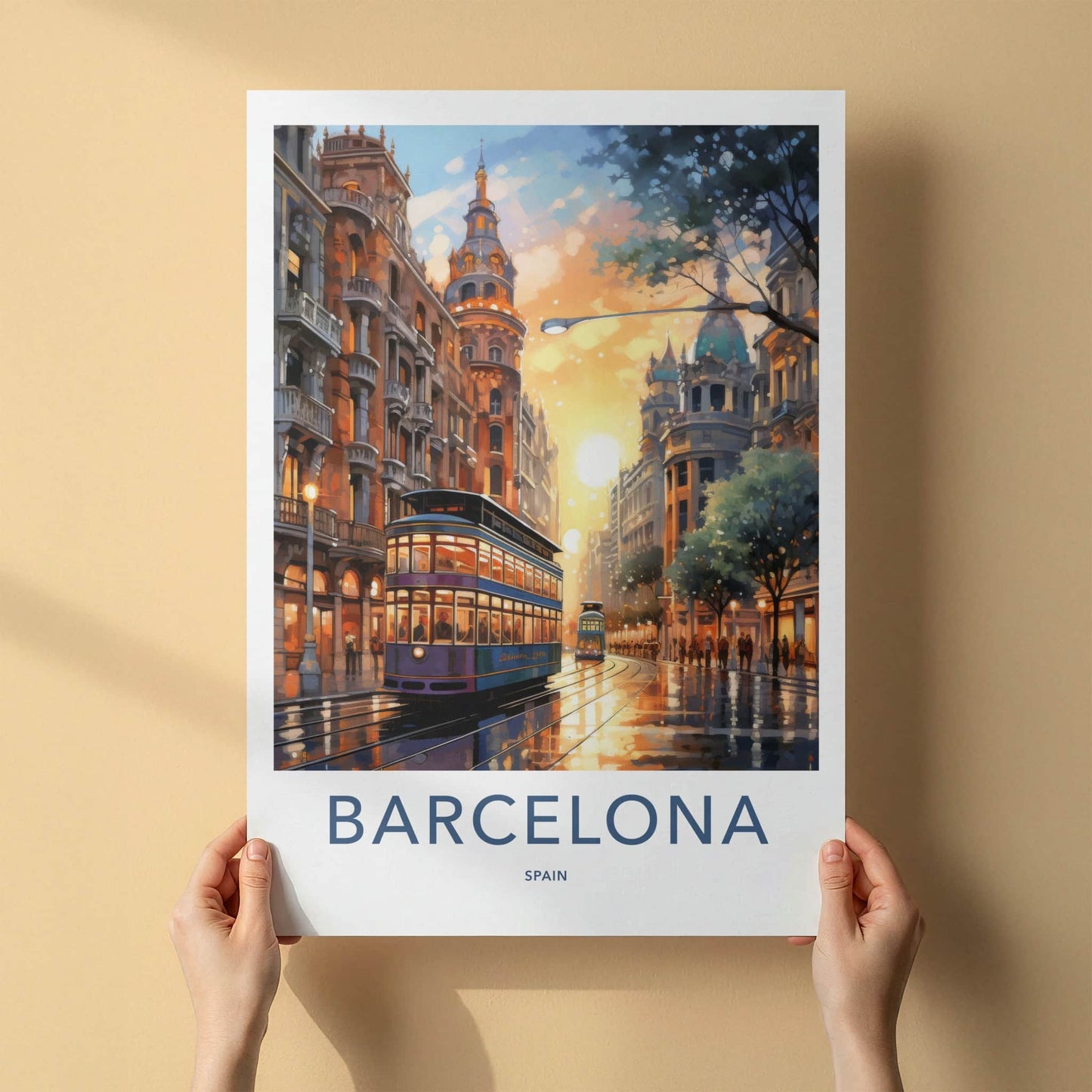 Barcelona Poster - Spain Wall Art - Sunset Tram Reflections Home Decor