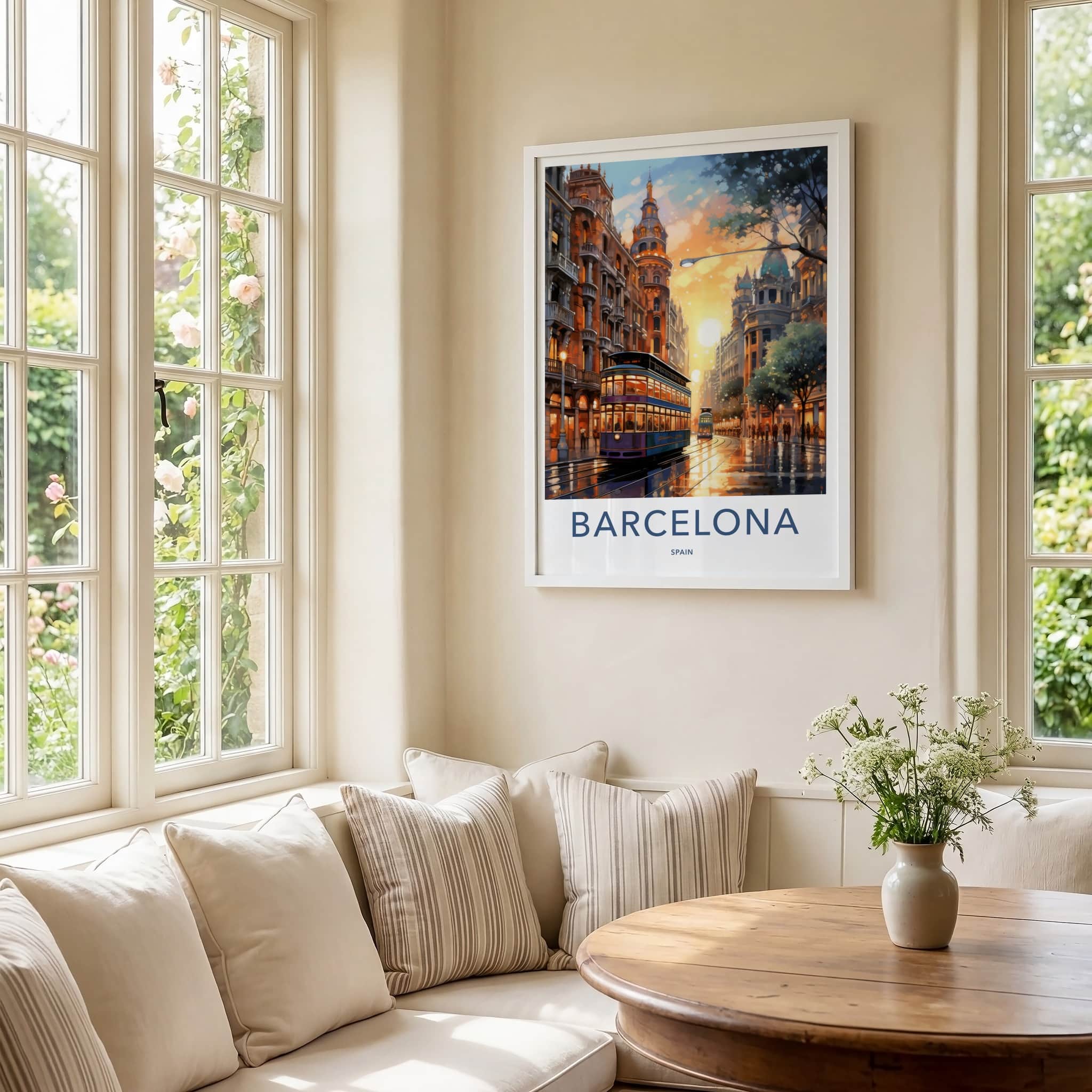 Barcelona Poster - Spain Wall Art - Sunset Tram Reflections Home Decor