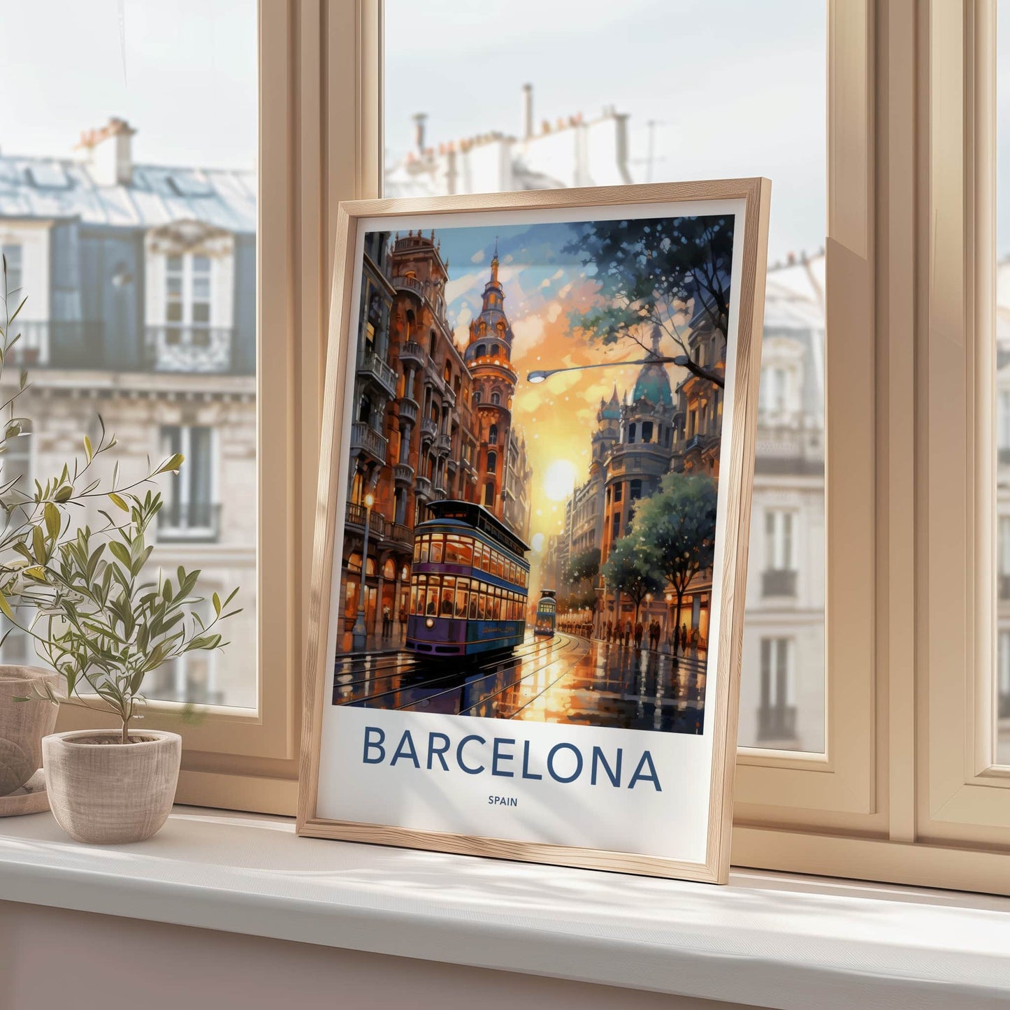 Barcelona Poster - Spain Wall Art - Sunset Tram Reflections Home Decor