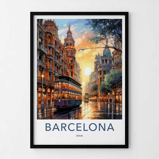 Barcelona Poster - Spain Wall Art - Sunset Tram Reflections Home Decor