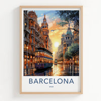 Barcelona Poster - Spain Wall Art - Sunset Tram Reflections Home Decor