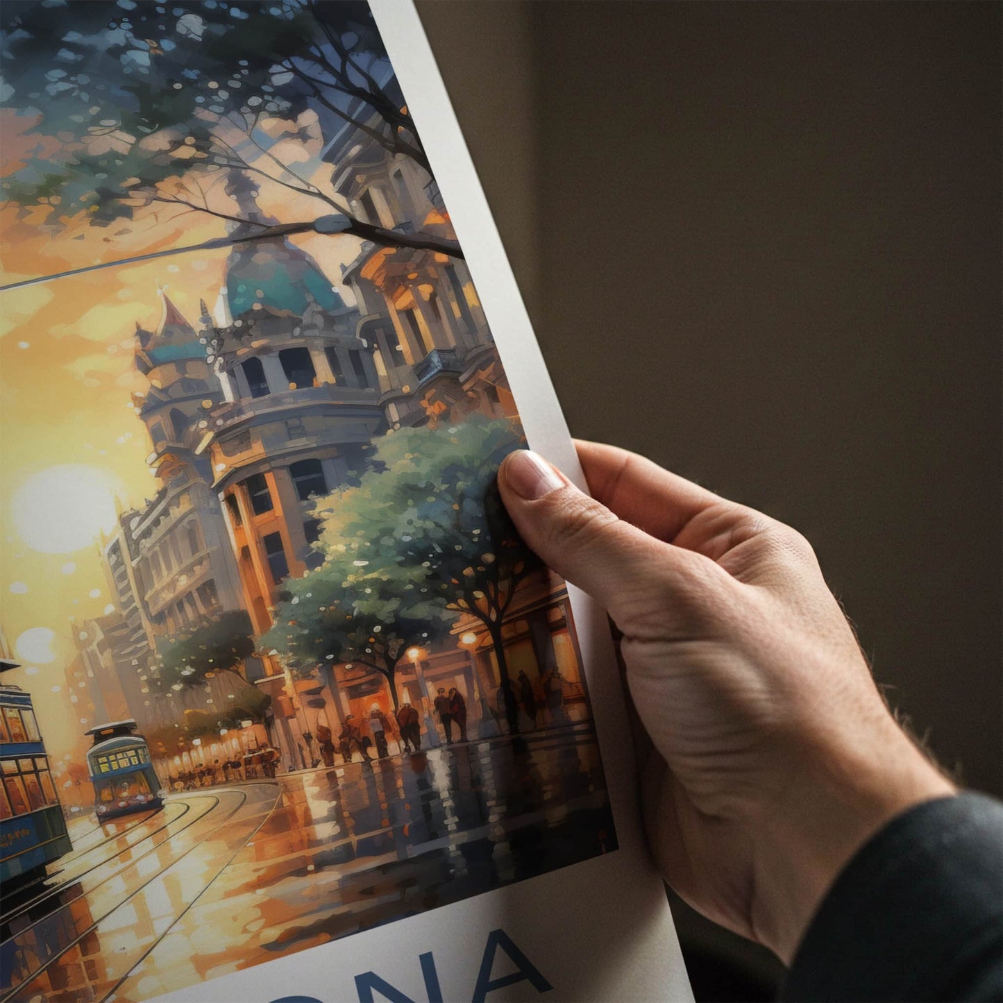 Barcelona Poster - Spain Wall Art - Sunset Tram Reflections Home Decor