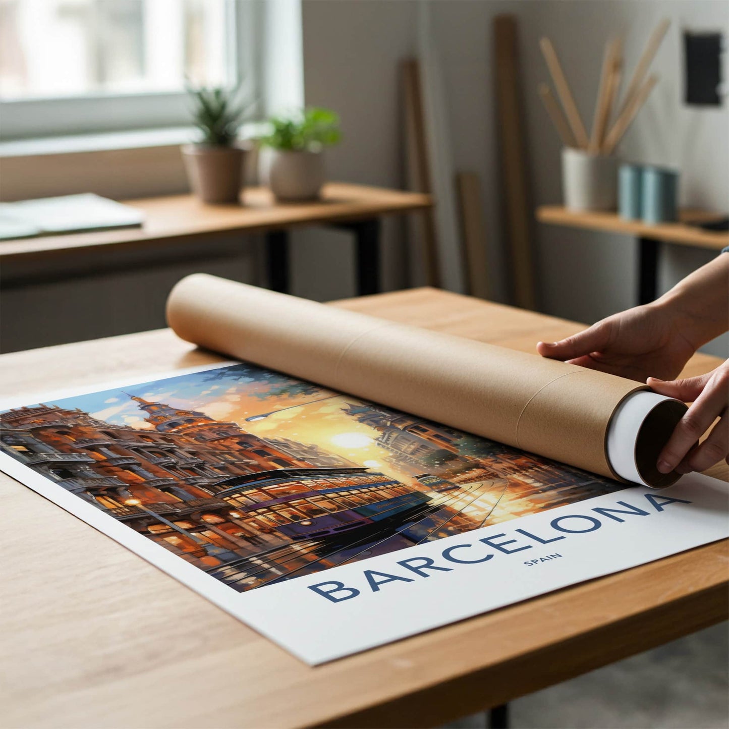 Barcelona Poster - Spain Wall Art - Sunset Tram Reflections Home Decor