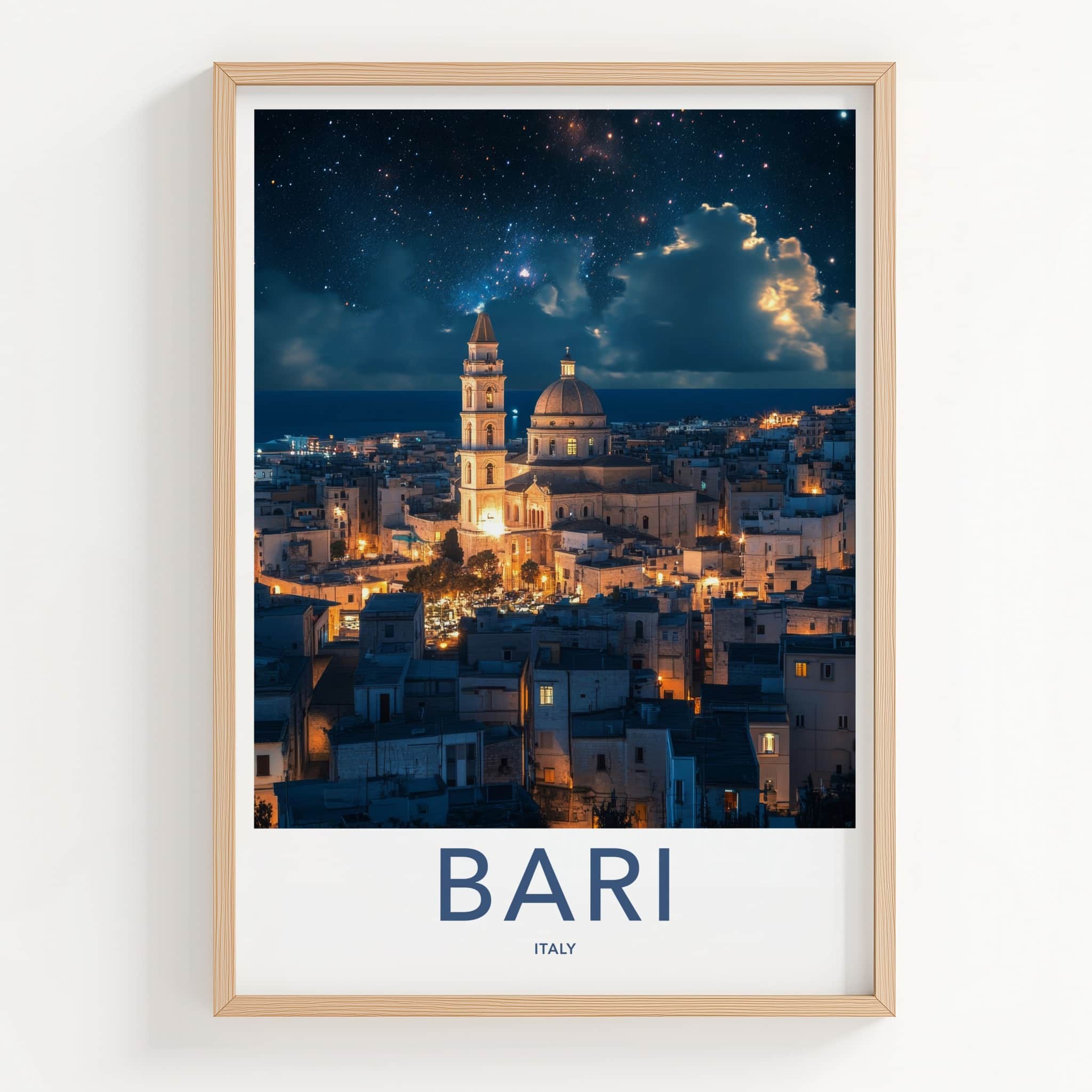 Bari Poster - Italy Travel Art - Cathedral Night Sky Home Decor