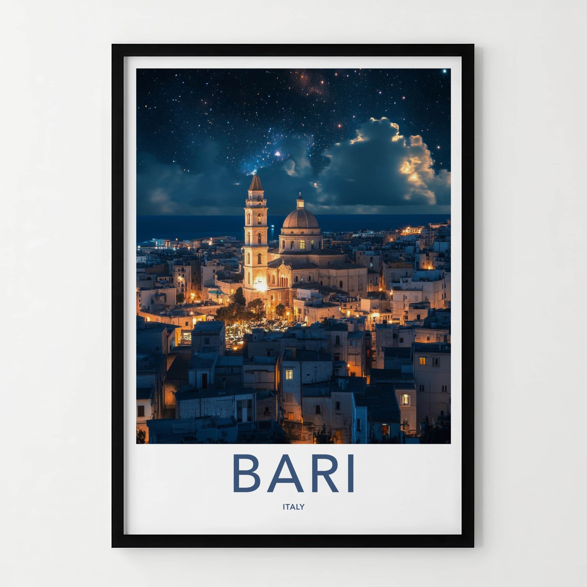 Bari Poster - Italy Travel Art - Cathedral Night Sky Home Decor