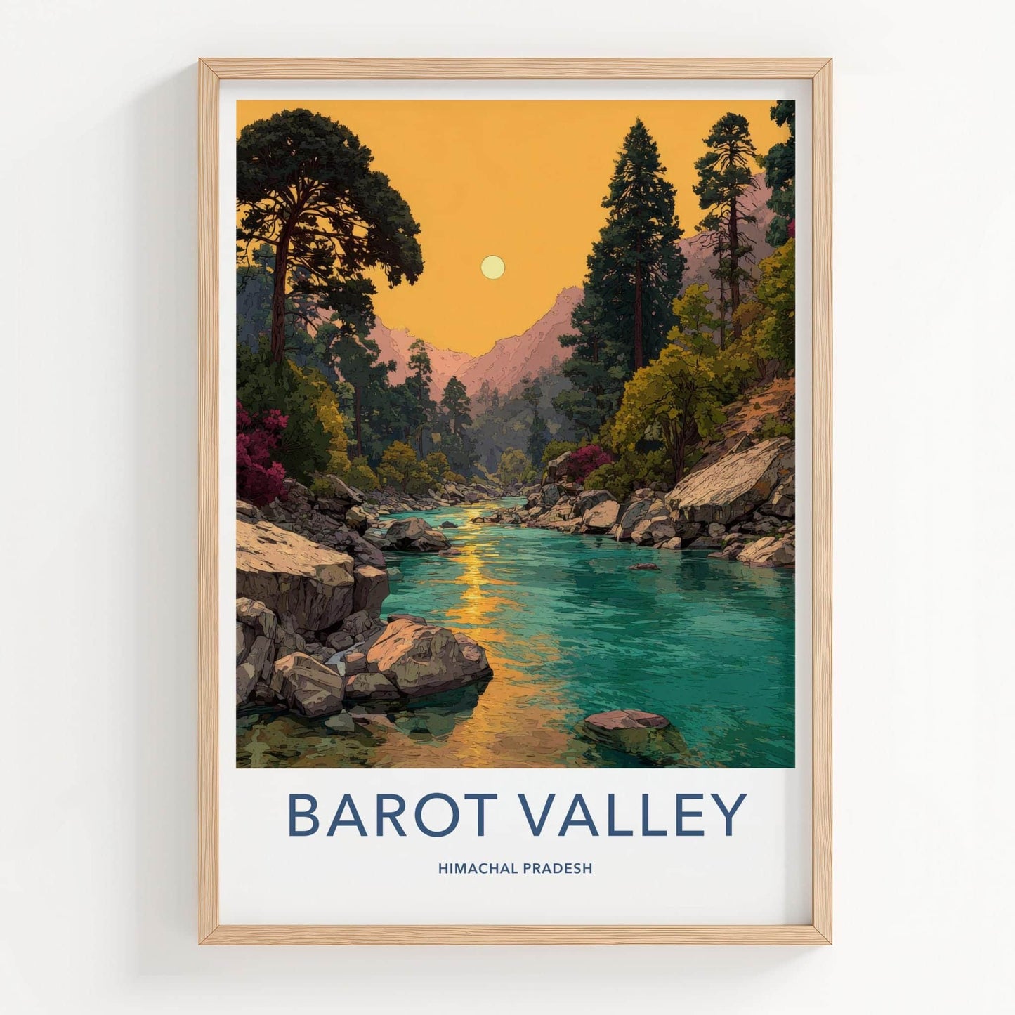 Barot Valley Poster - India Travel Art - Himachal Pradesh River Sunset Home Decor