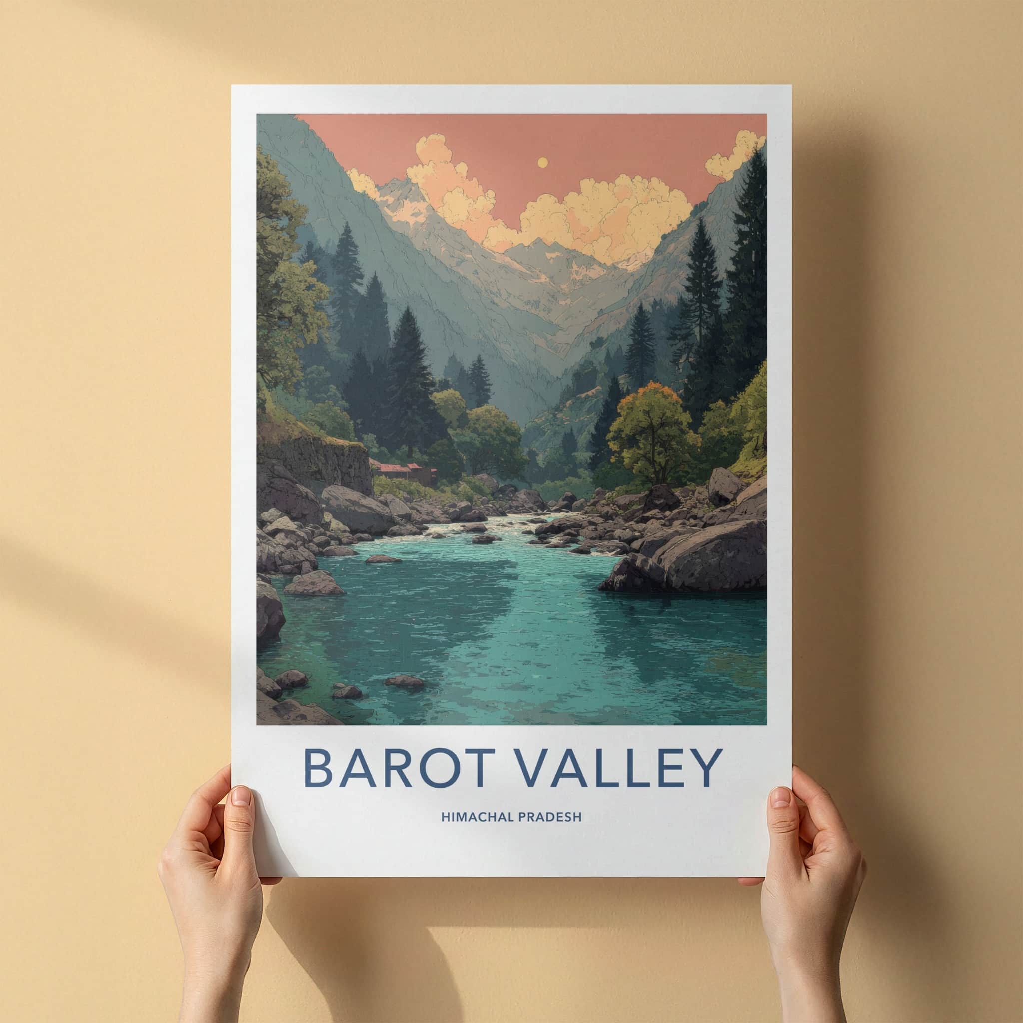 Barot Valley Poster - India Travel Art - Mountain River Sunrise Home Decor