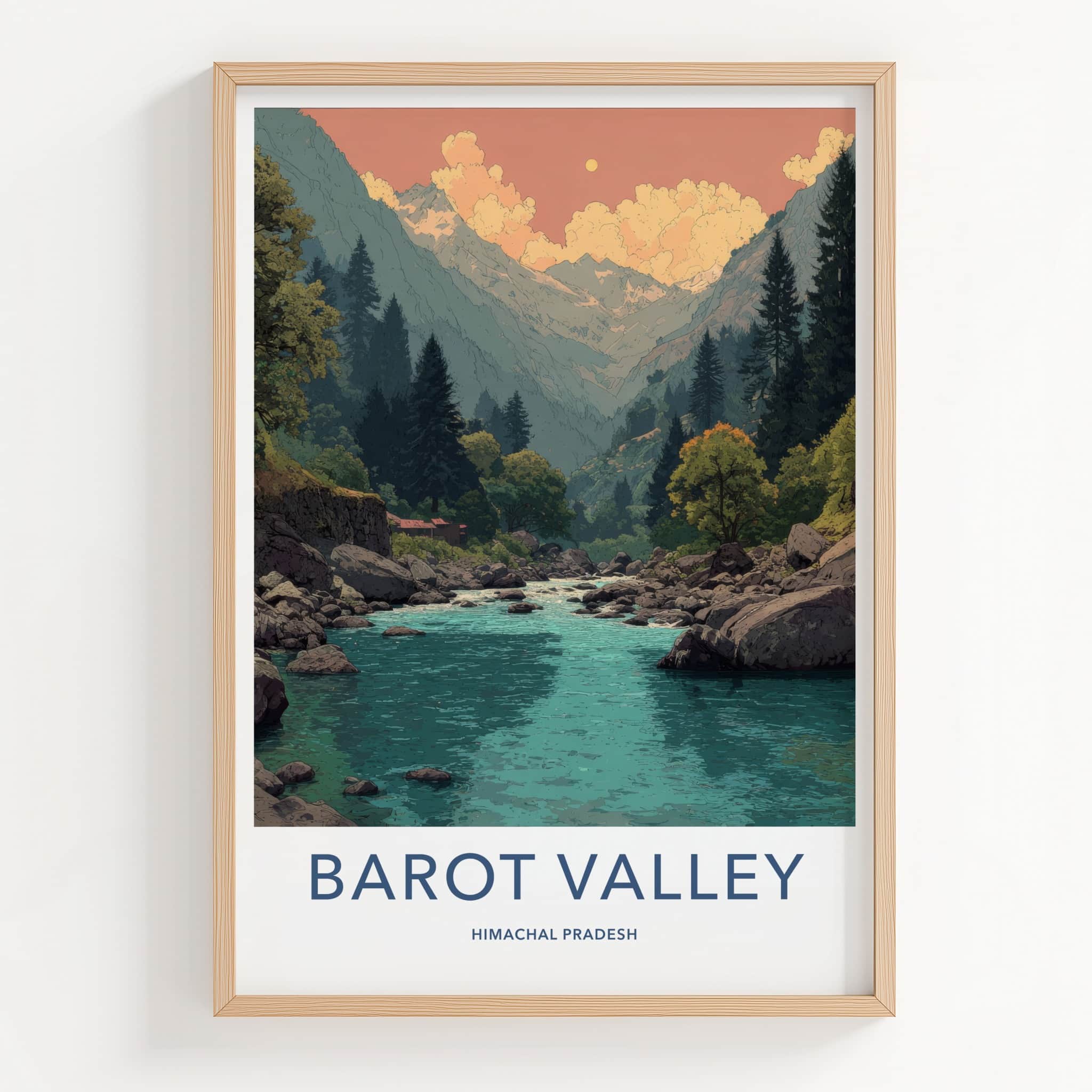 Barot Valley Poster - India Travel Art - Mountain River Sunrise Home Decor