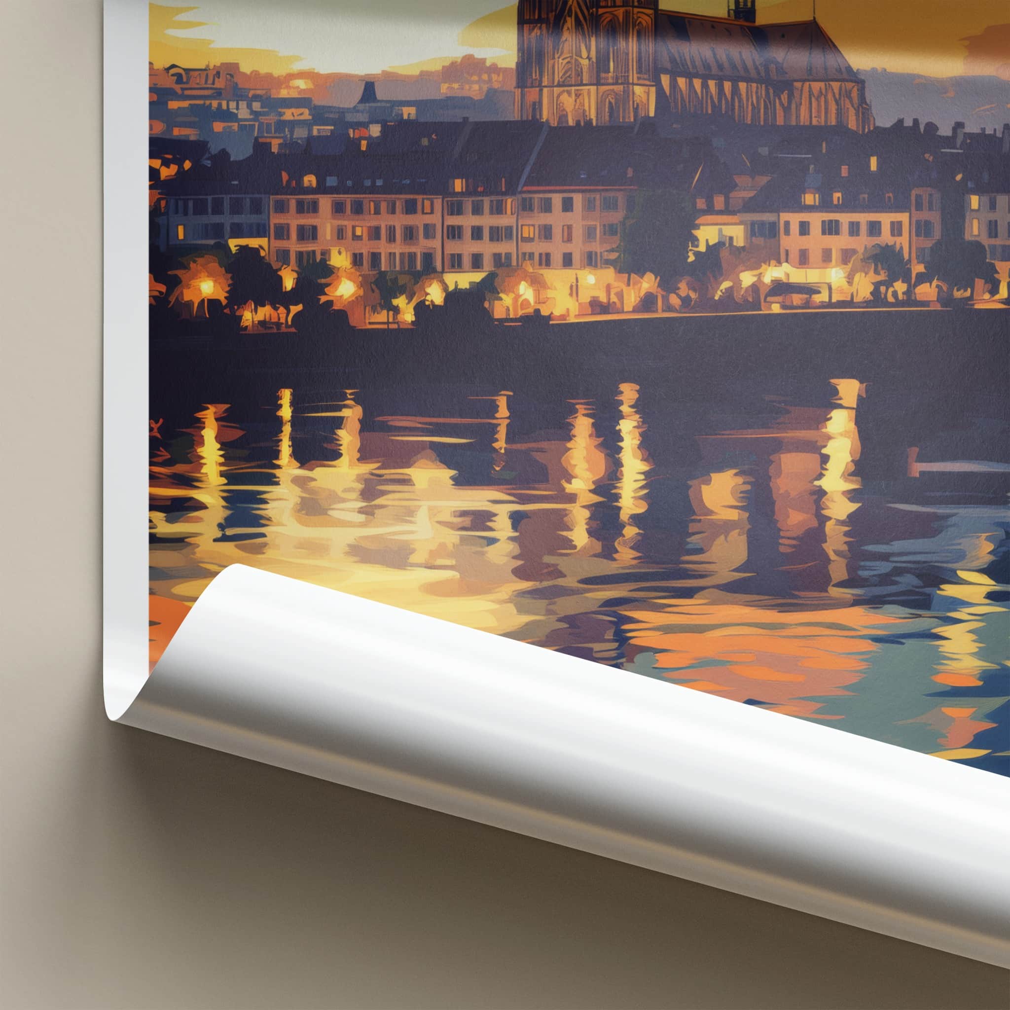 Basel Poster - Switzerland Travel Art - Dusk Cityscape River Home Decor