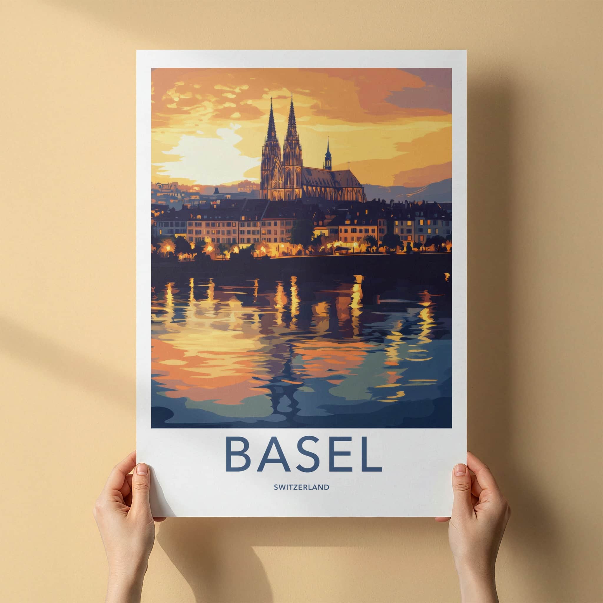 Basel Poster - Switzerland Travel Art - Dusk Cityscape River Home Decor