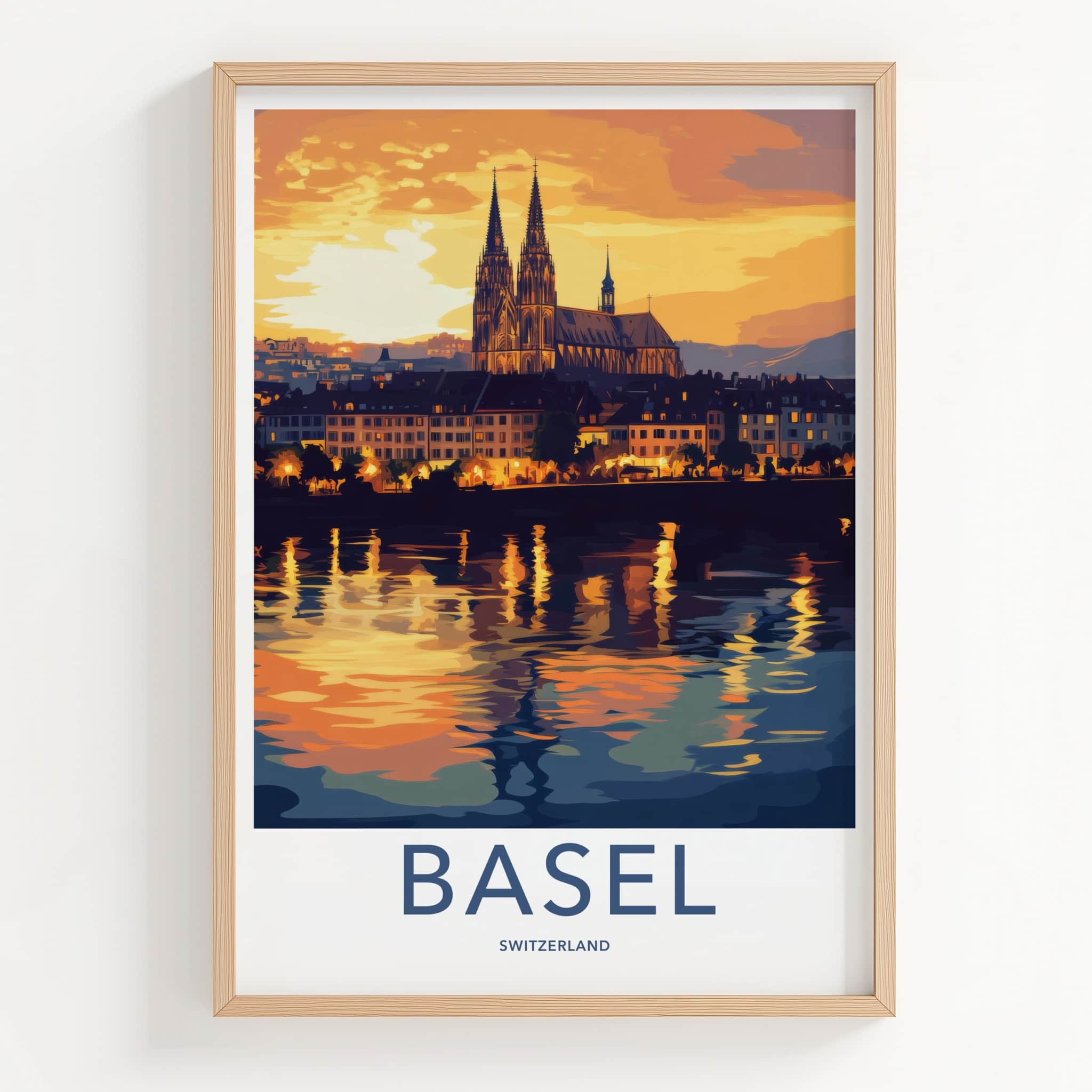 Basel Poster - Switzerland Travel Art - Dusk Cityscape River Home Decor