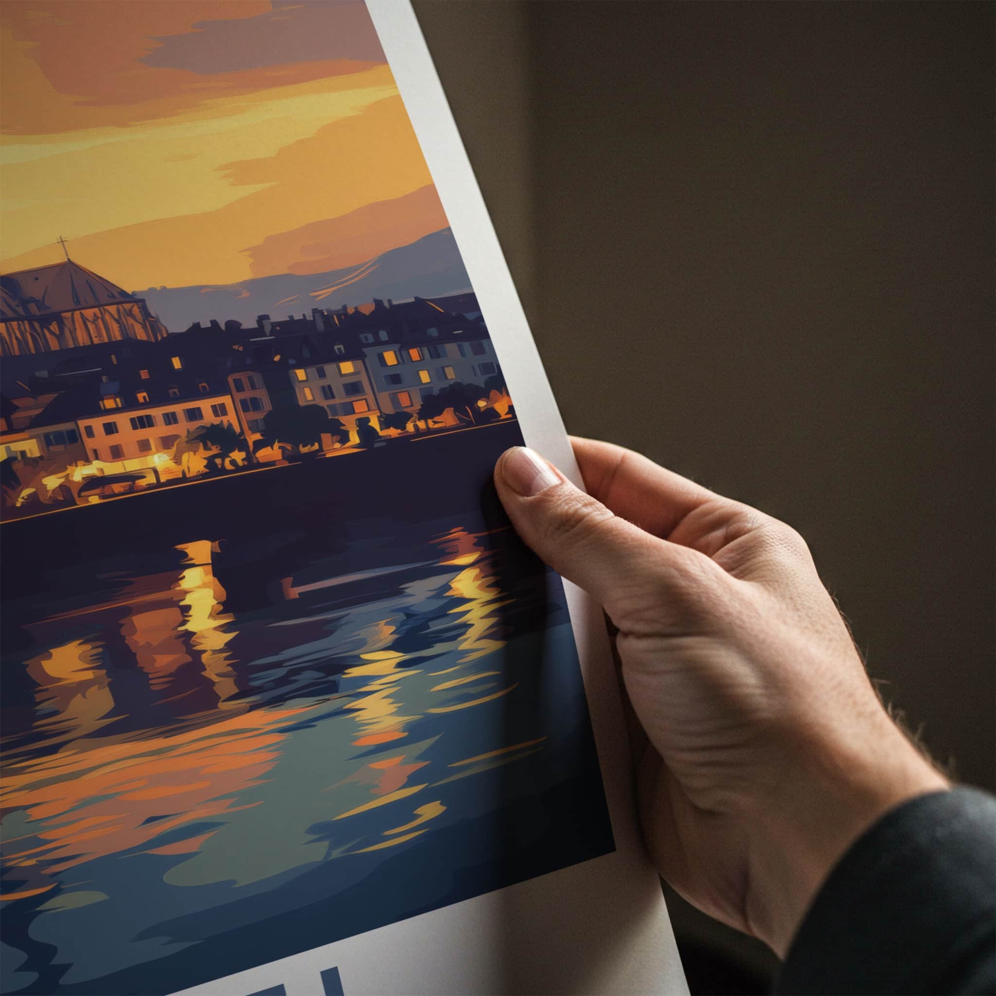 Basel Poster - Switzerland Travel Art - Dusk Cityscape River Home Decor