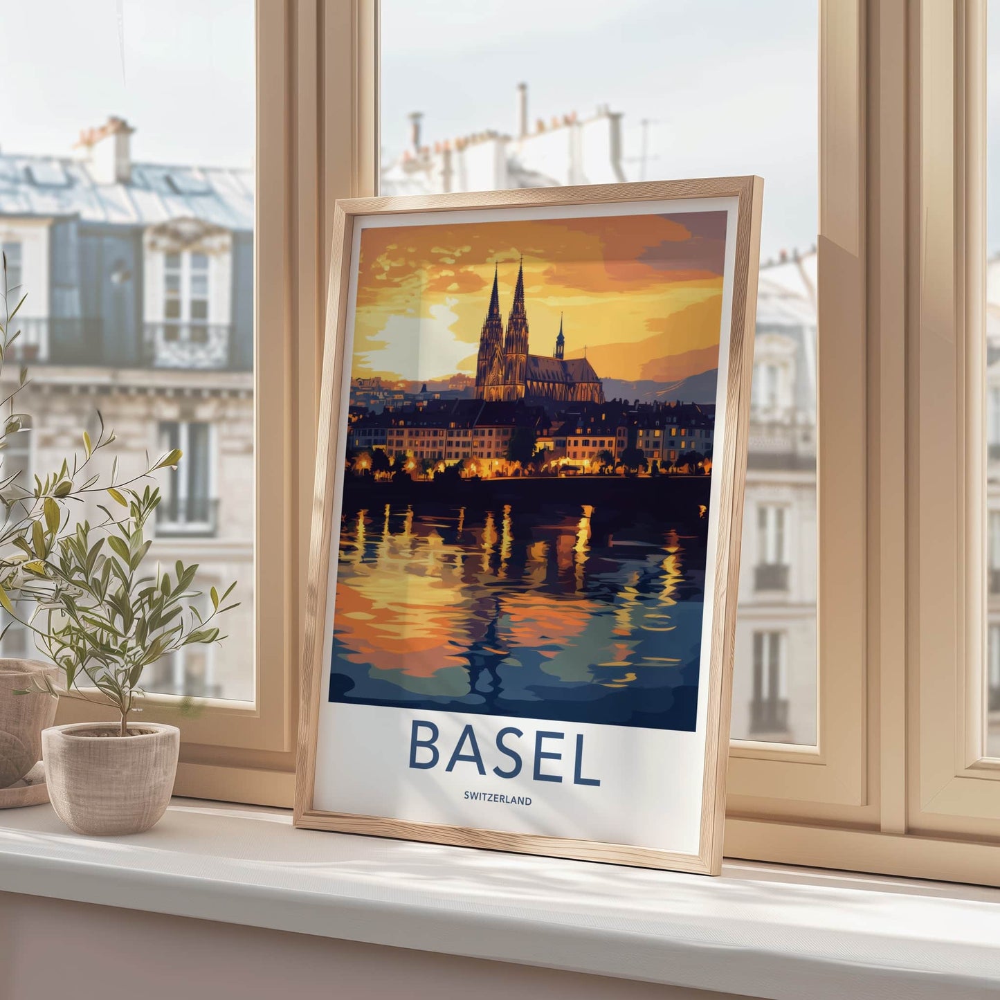 Basel Poster - Switzerland Travel Art - Dusk Cityscape River Home Decor