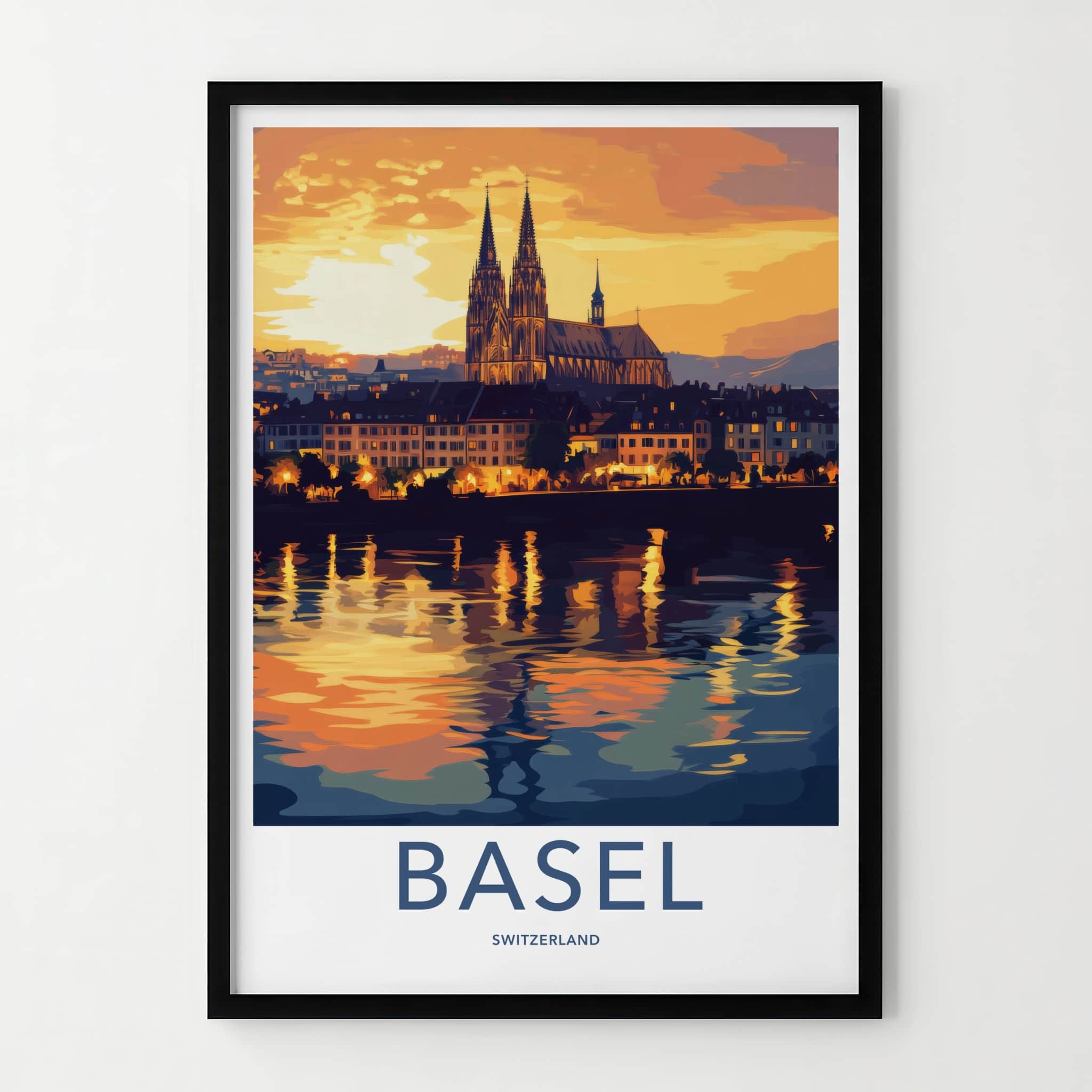 Basel Poster - Switzerland Travel Art - Dusk Cityscape River Home Decor