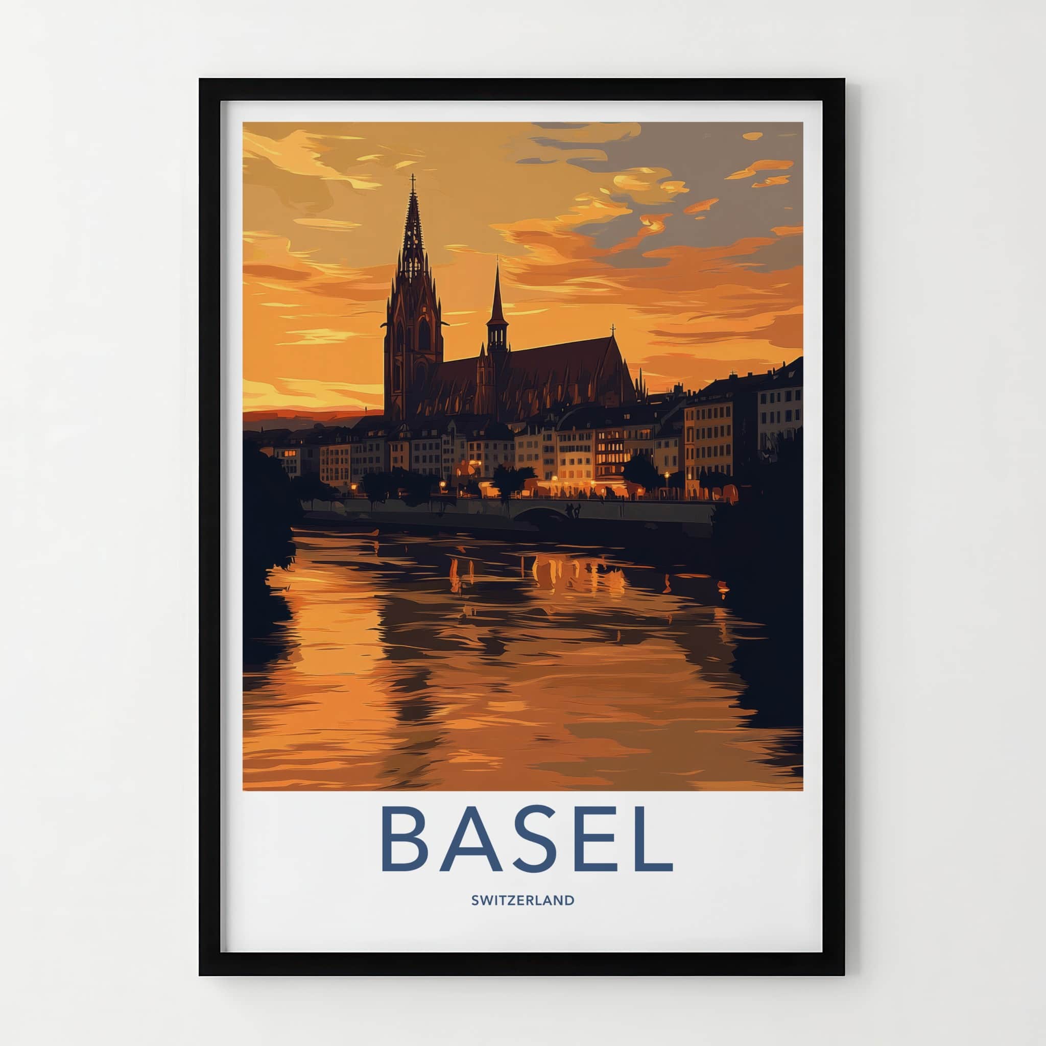 Basel Poster - Switzerland Travel Art - Golden Hour Cityscape Home Decor