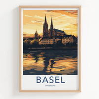 Basel Poster - Switzerland Travel Art - Golden River Reflection Home Decor