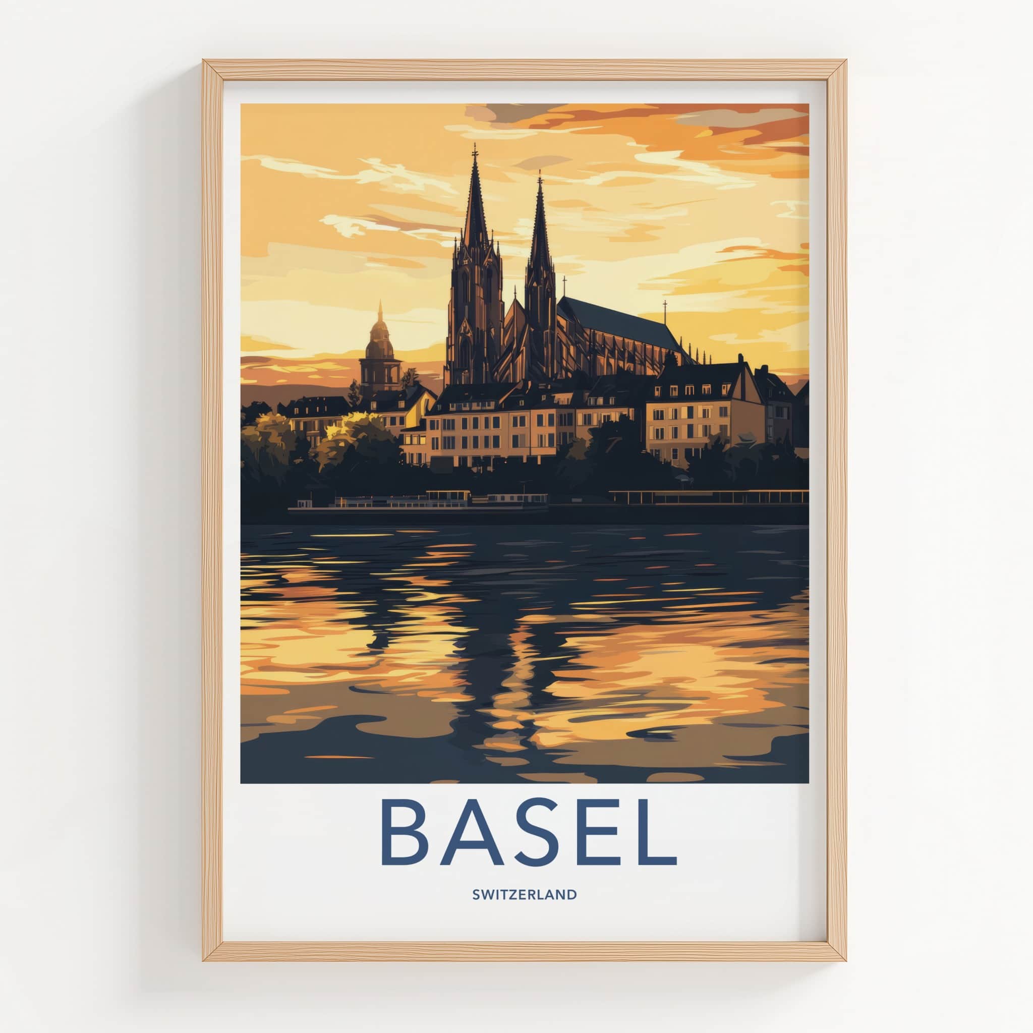 Basel Poster - Switzerland Travel Art - Golden River Reflection Home Decor