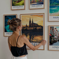 Basel Poster - Switzerland Travel Art - Golden River Reflection Home Decor