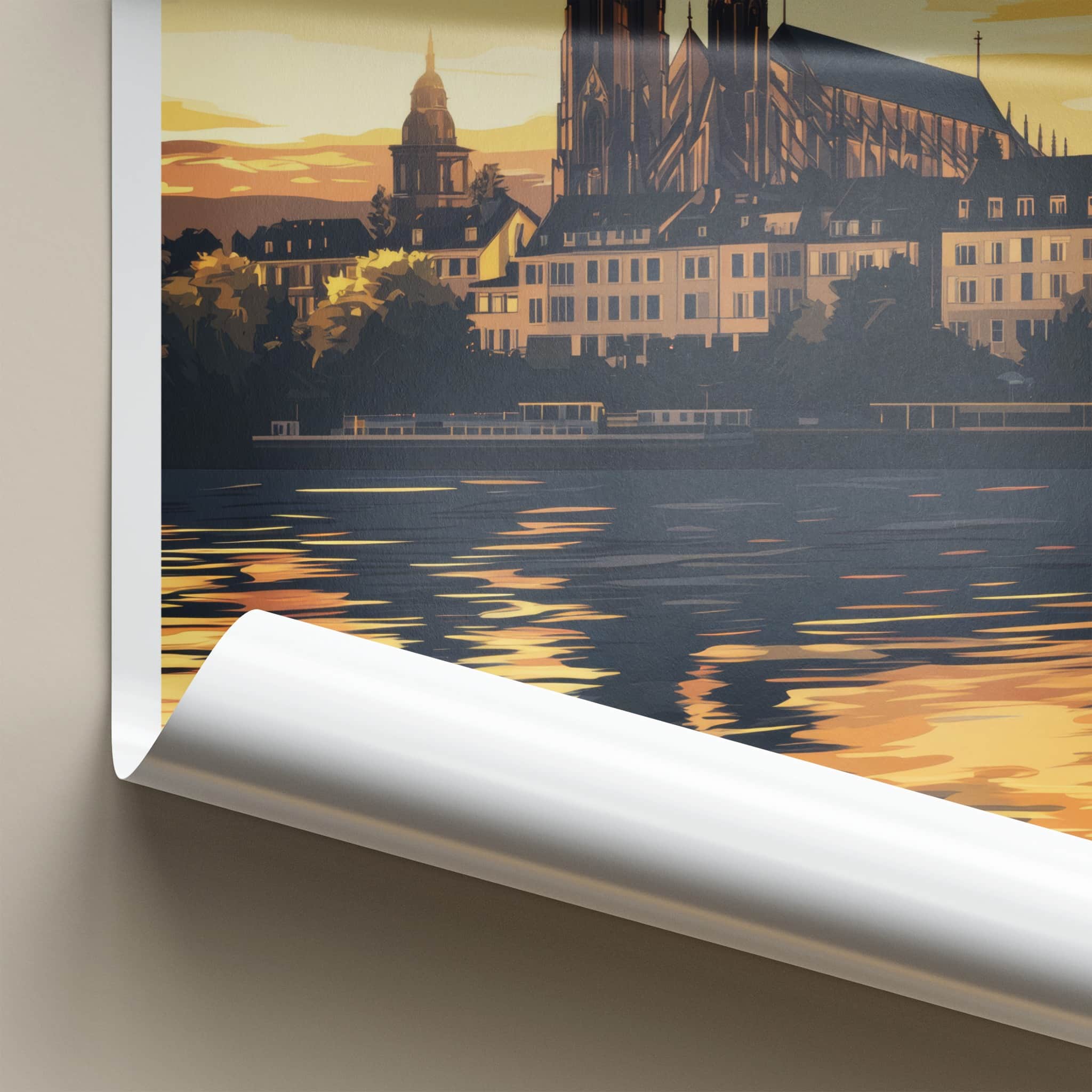 Basel Poster - Switzerland Travel Art - Golden River Reflection Home Decor