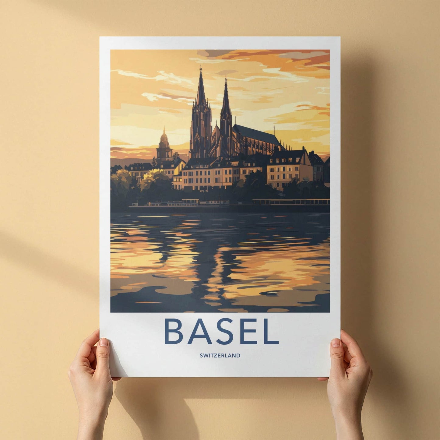 Basel Poster - Switzerland Travel Art - Golden River Reflection Home Decor