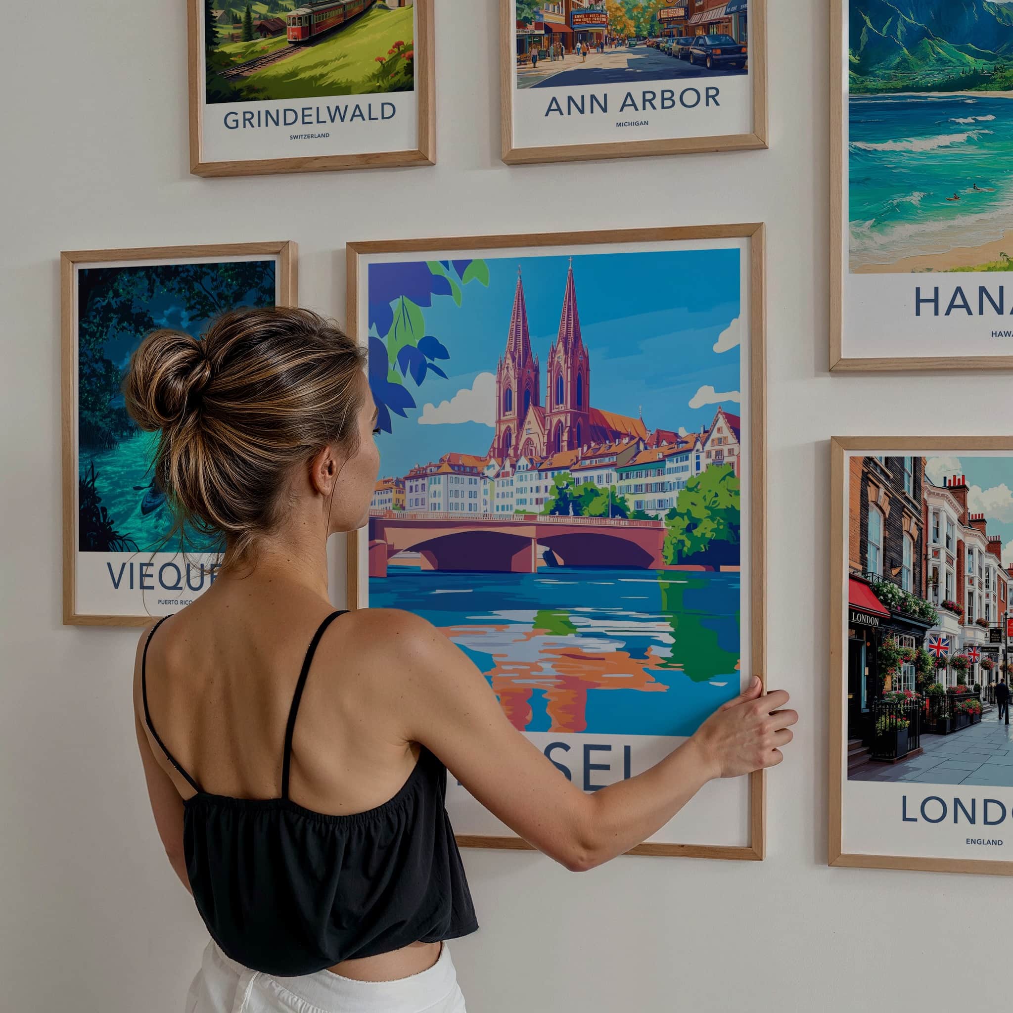 Basel Poster - Switzerland Travel Art - Riverfront Cathedral Bridge Wall Decor