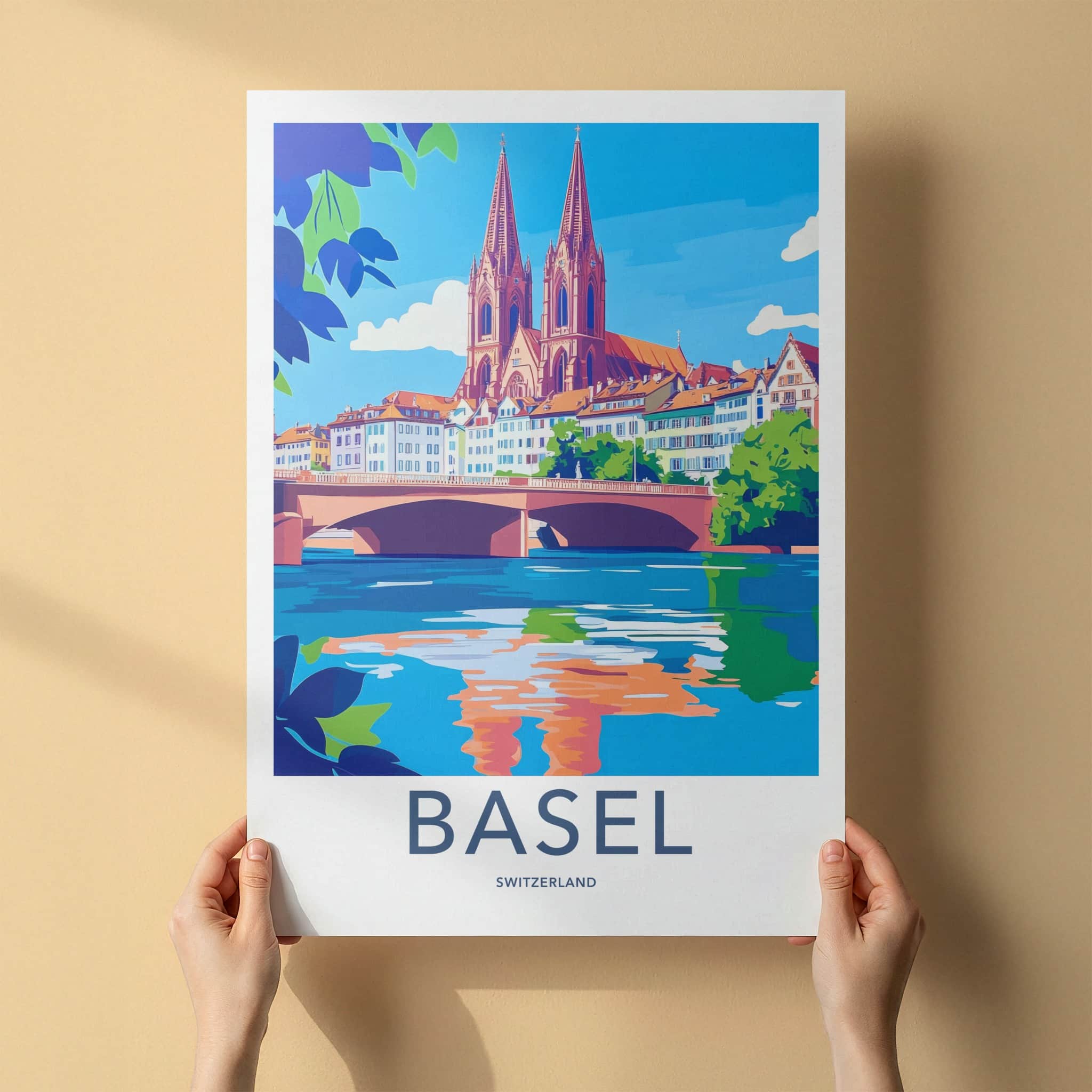 Basel Poster - Switzerland Travel Art - Riverfront Cathedral Bridge Wall Decor