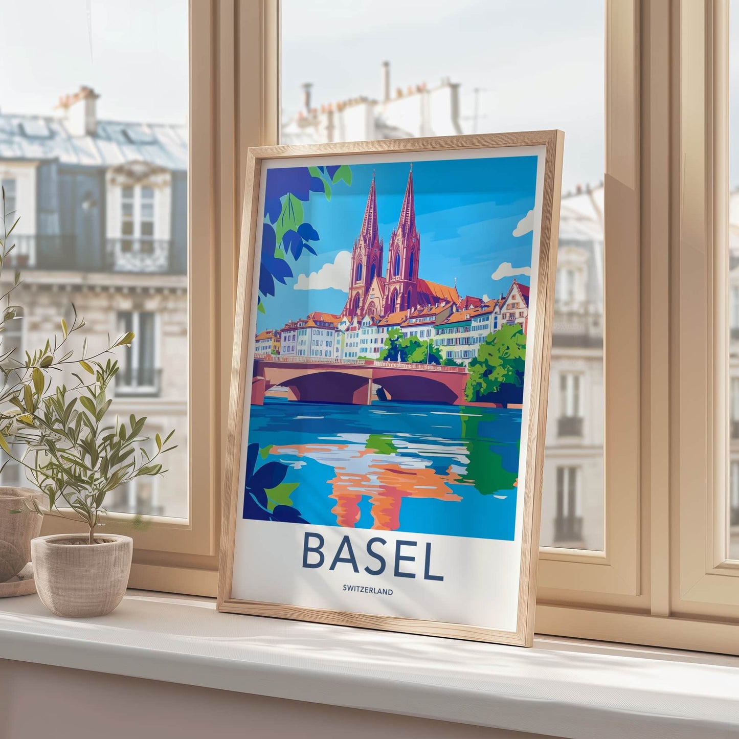Basel Poster - Switzerland Travel Art - Riverfront Cathedral Bridge Wall Decor