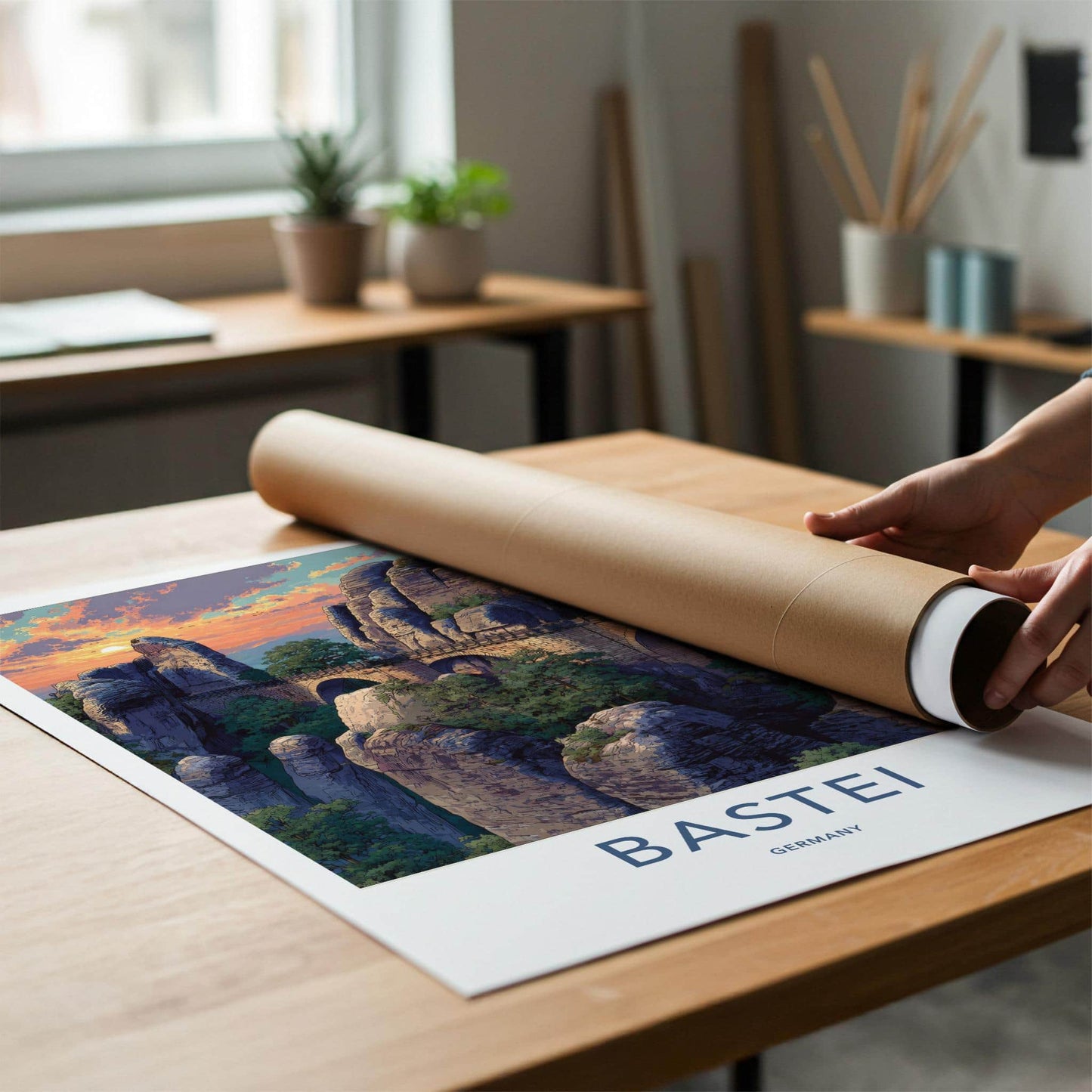 Bastei Poster - Germany Travel Art - Dramatic Sunset Bridge Home Decor
