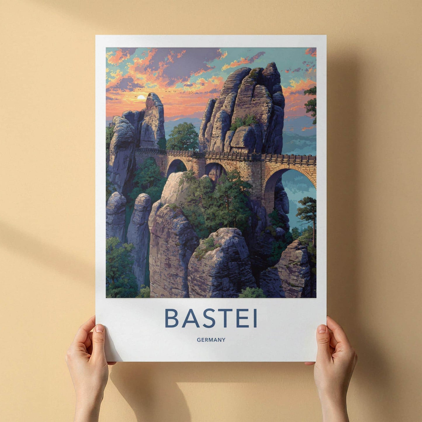 Bastei Poster - Germany Travel Art - Dramatic Sunset Bridge Home Decor