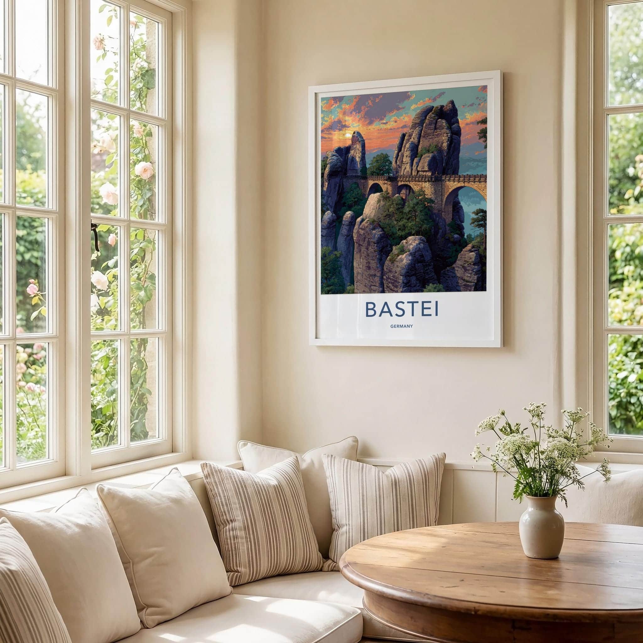 Bastei Poster - Germany Travel Art - Dramatic Sunset Bridge Home Decor