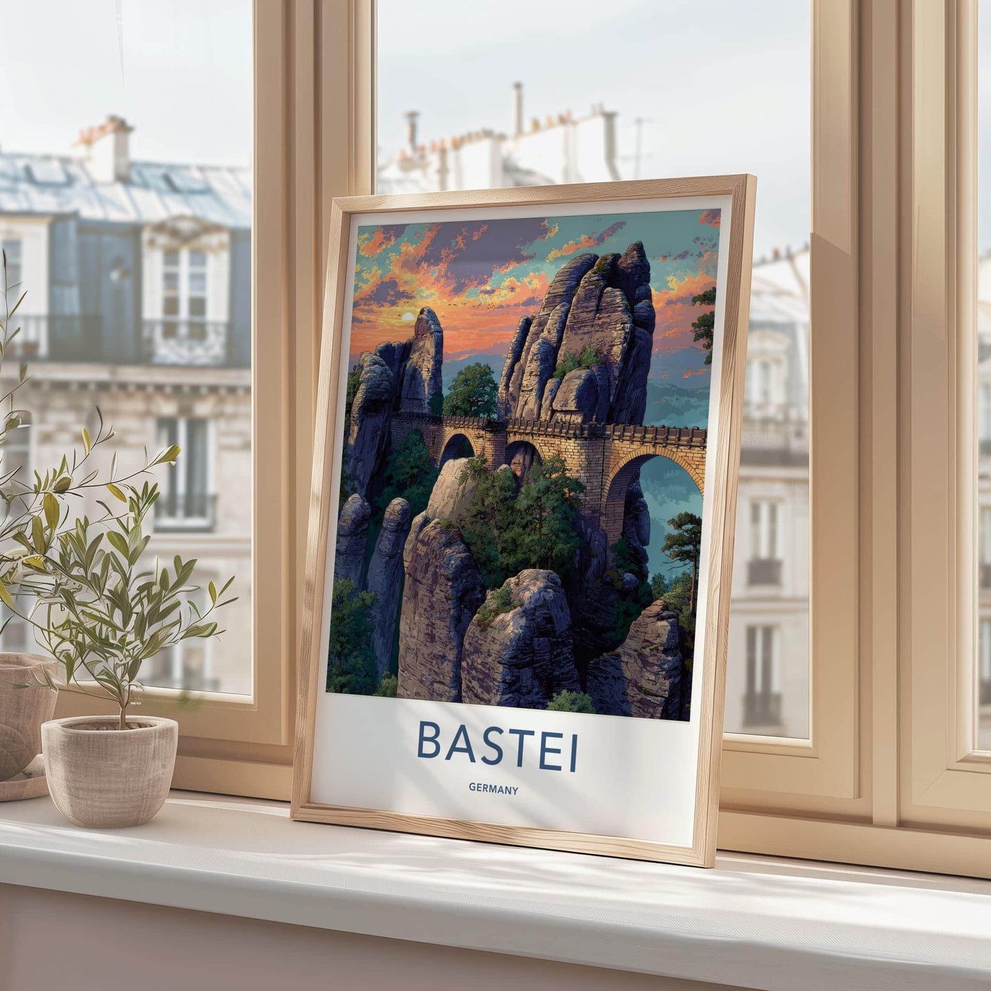 Bastei Poster - Germany Travel Art - Dramatic Sunset Bridge Home Decor