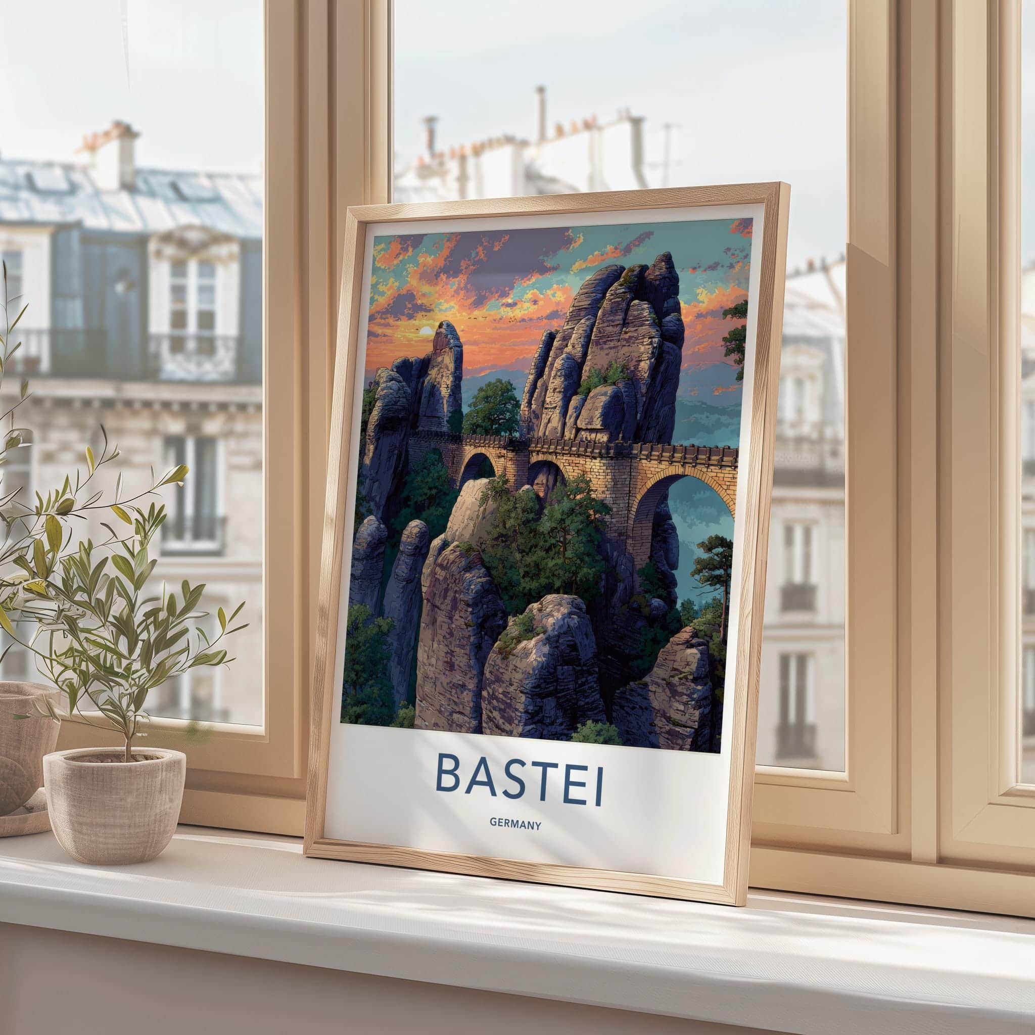 Bastei Poster - Germany Travel Art - Dramatic Sunset Bridge Home Decor
