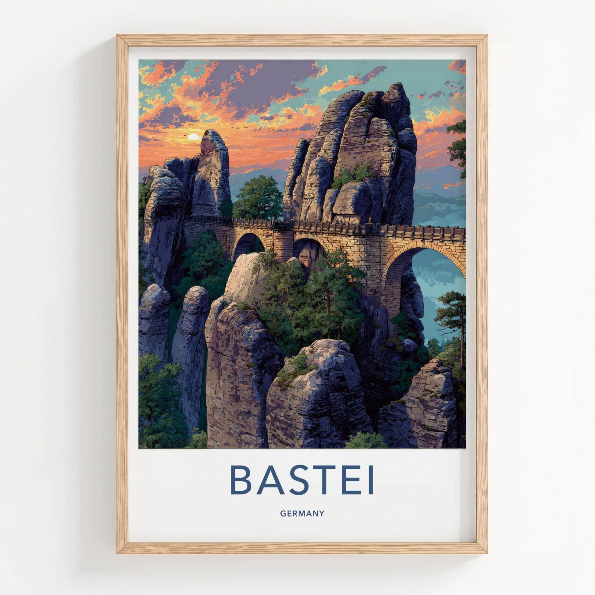 Bastei Poster - Germany Travel Art - Dramatic Sunset Bridge Home Decor