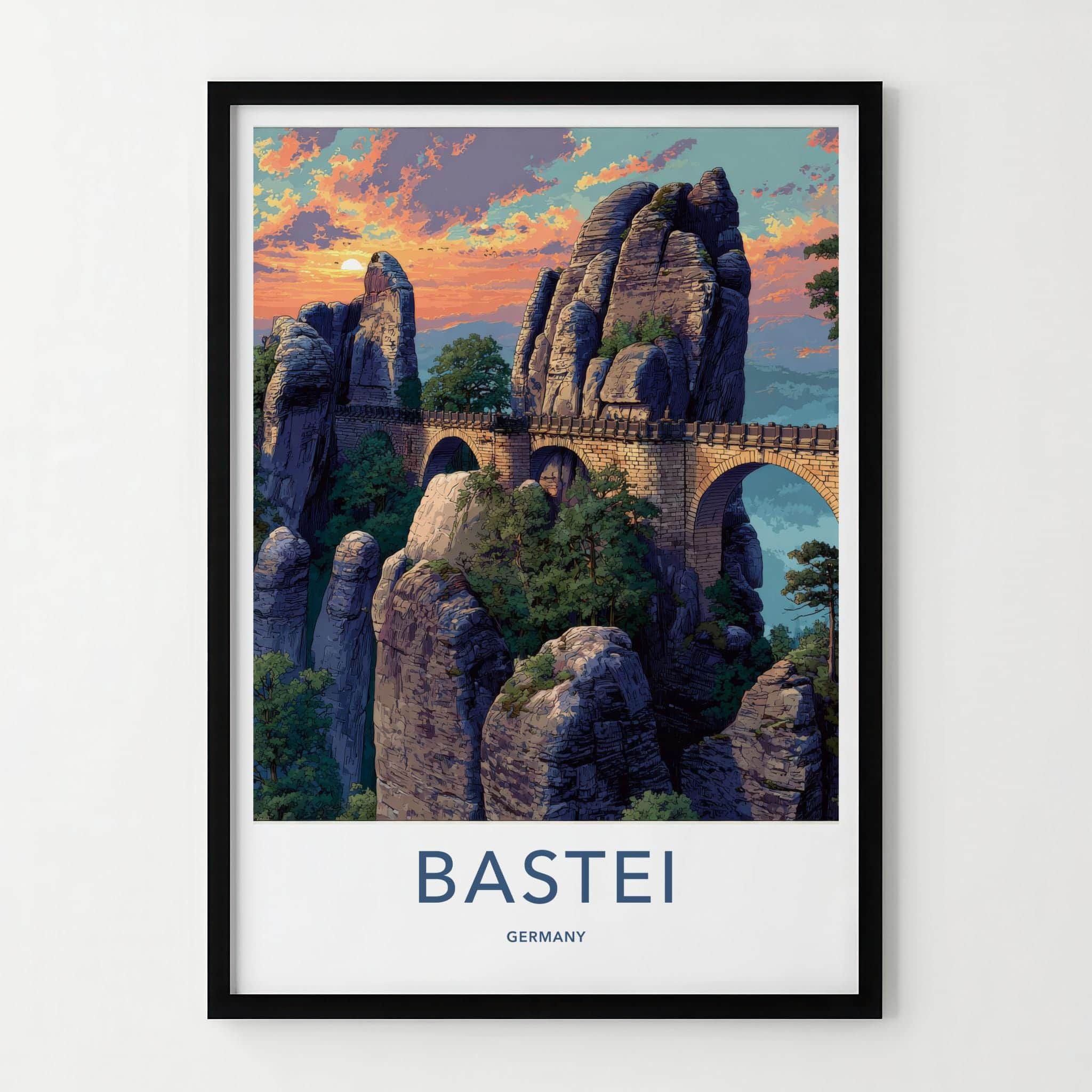 Bastei Poster - Germany Travel Art - Dramatic Sunset Bridge Home Decor
