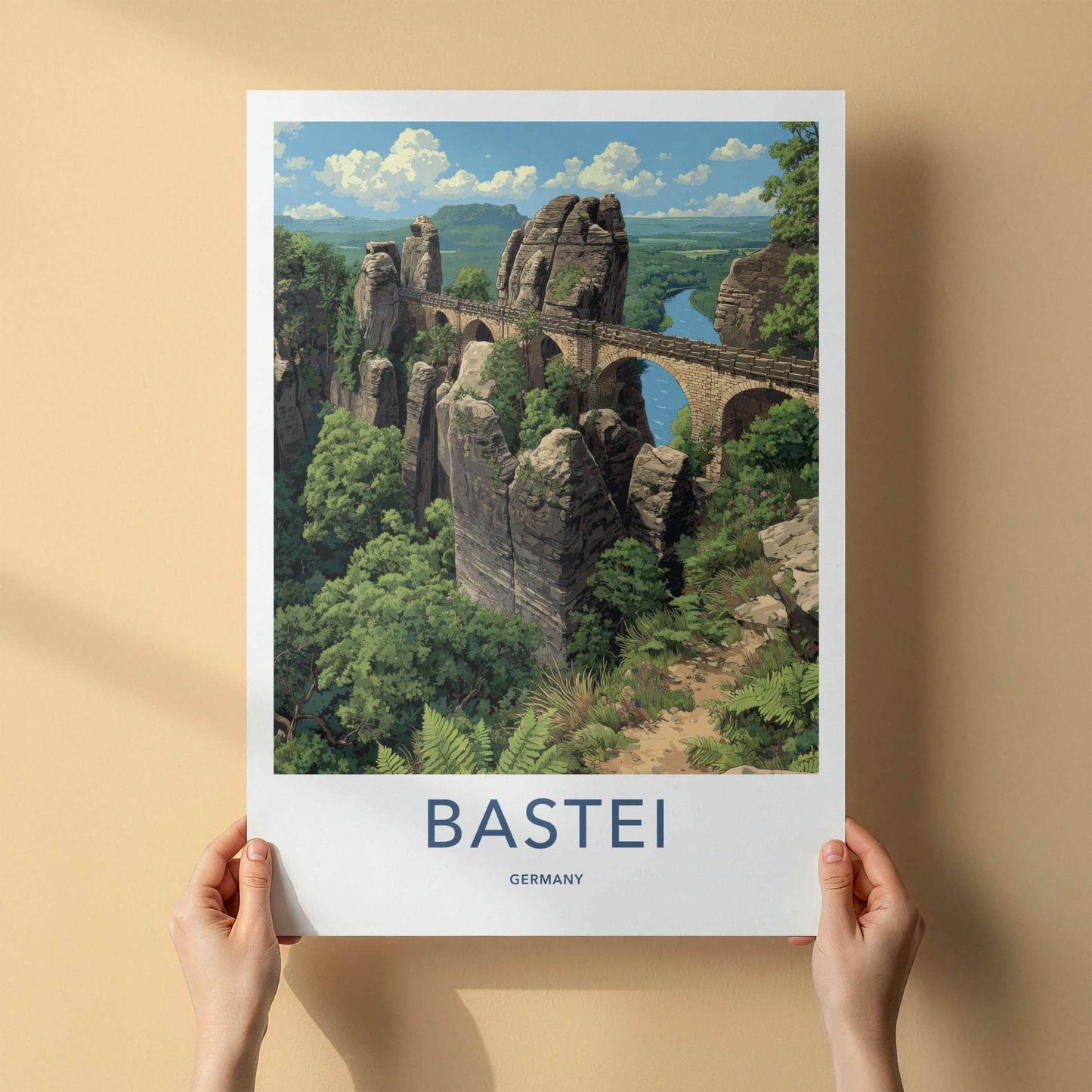 Bastei Poster - Germany Travel Art - Stone bridge peaks Wall Decor