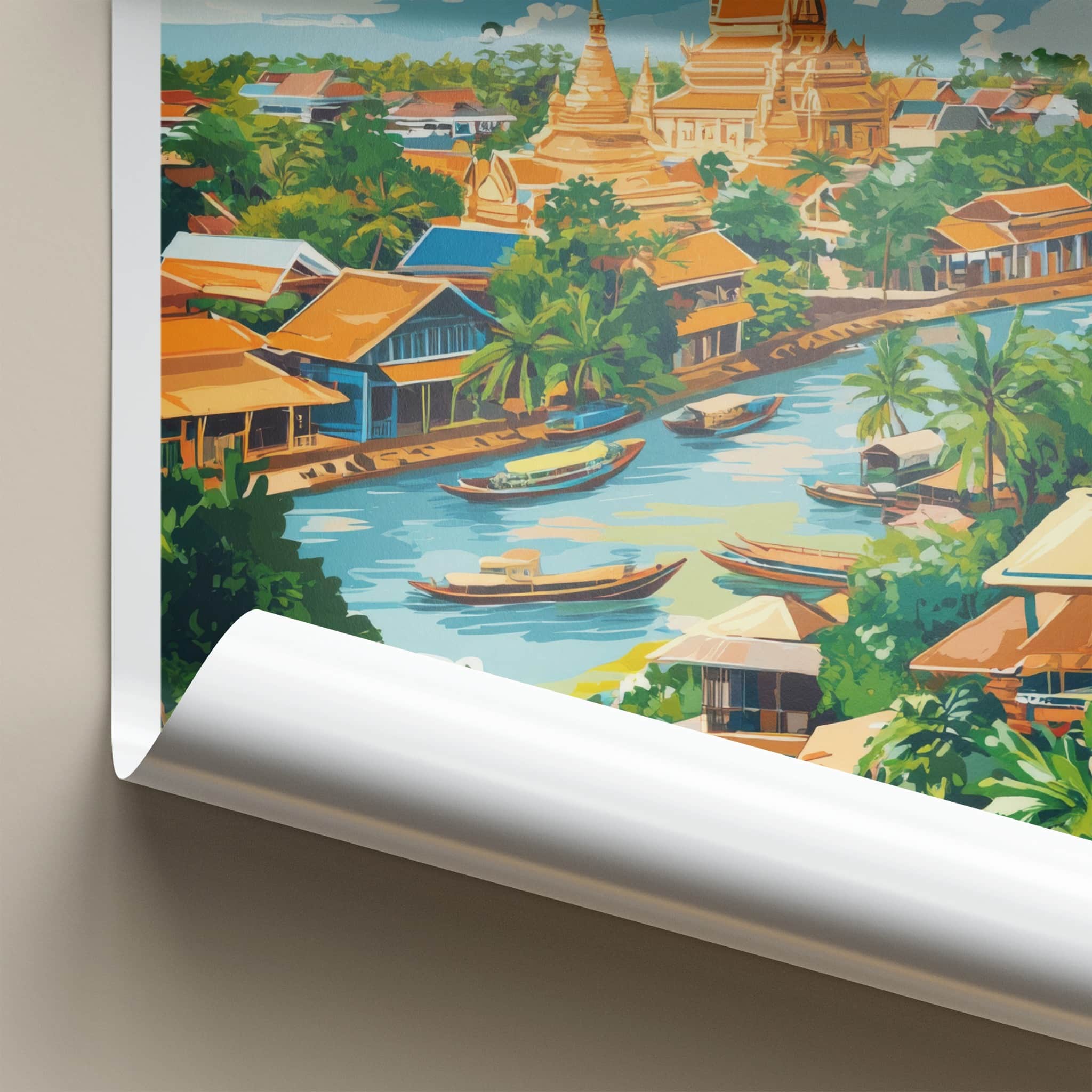 Battambang Poster - Cambodia Travel Art - Riverfront Temple Boats Home Decor