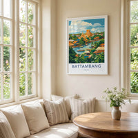 Battambang Poster - Cambodia Travel Art - Riverfront Temple Boats Home Decor