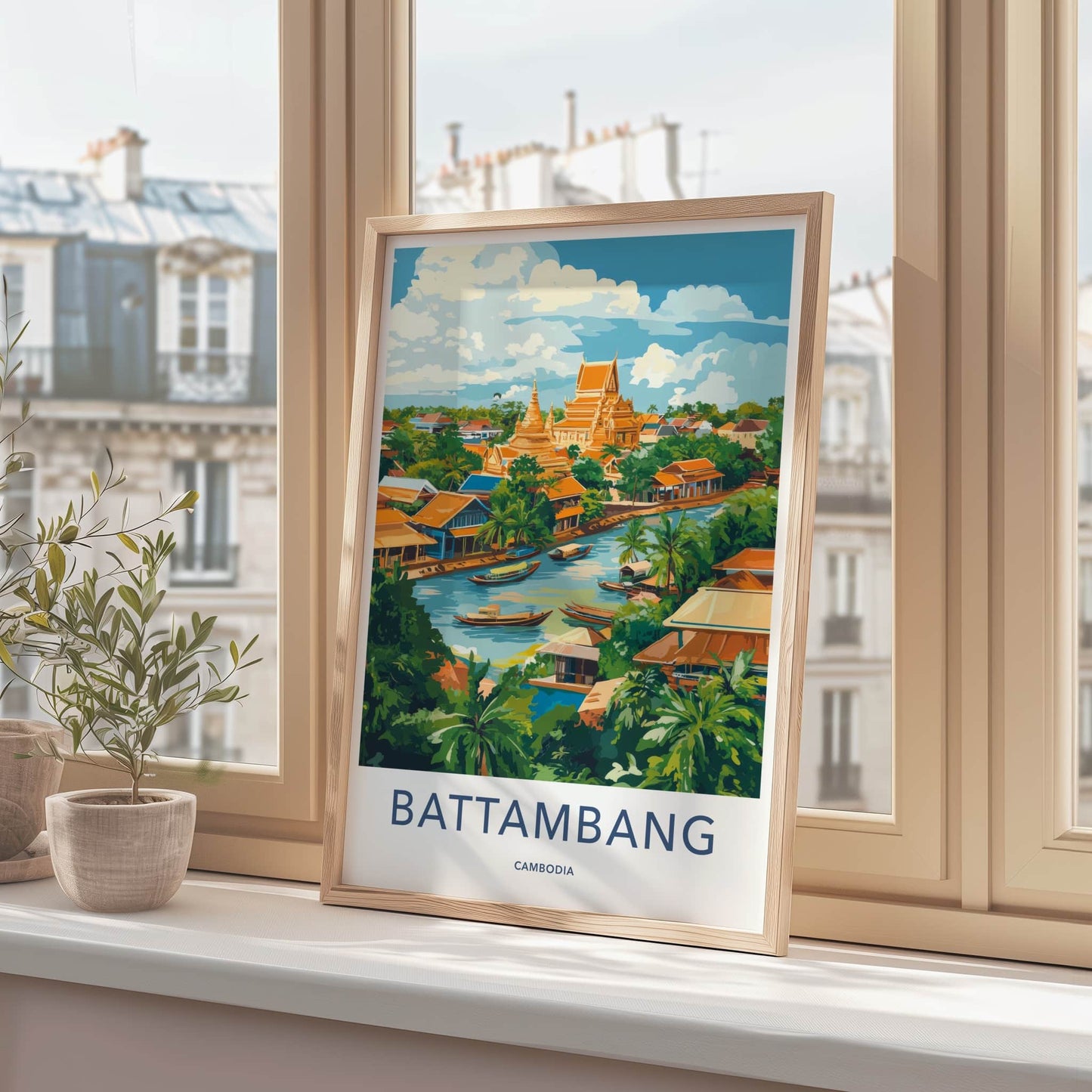 Battambang Poster - Cambodia Travel Art - Riverfront Temple Boats Home Decor